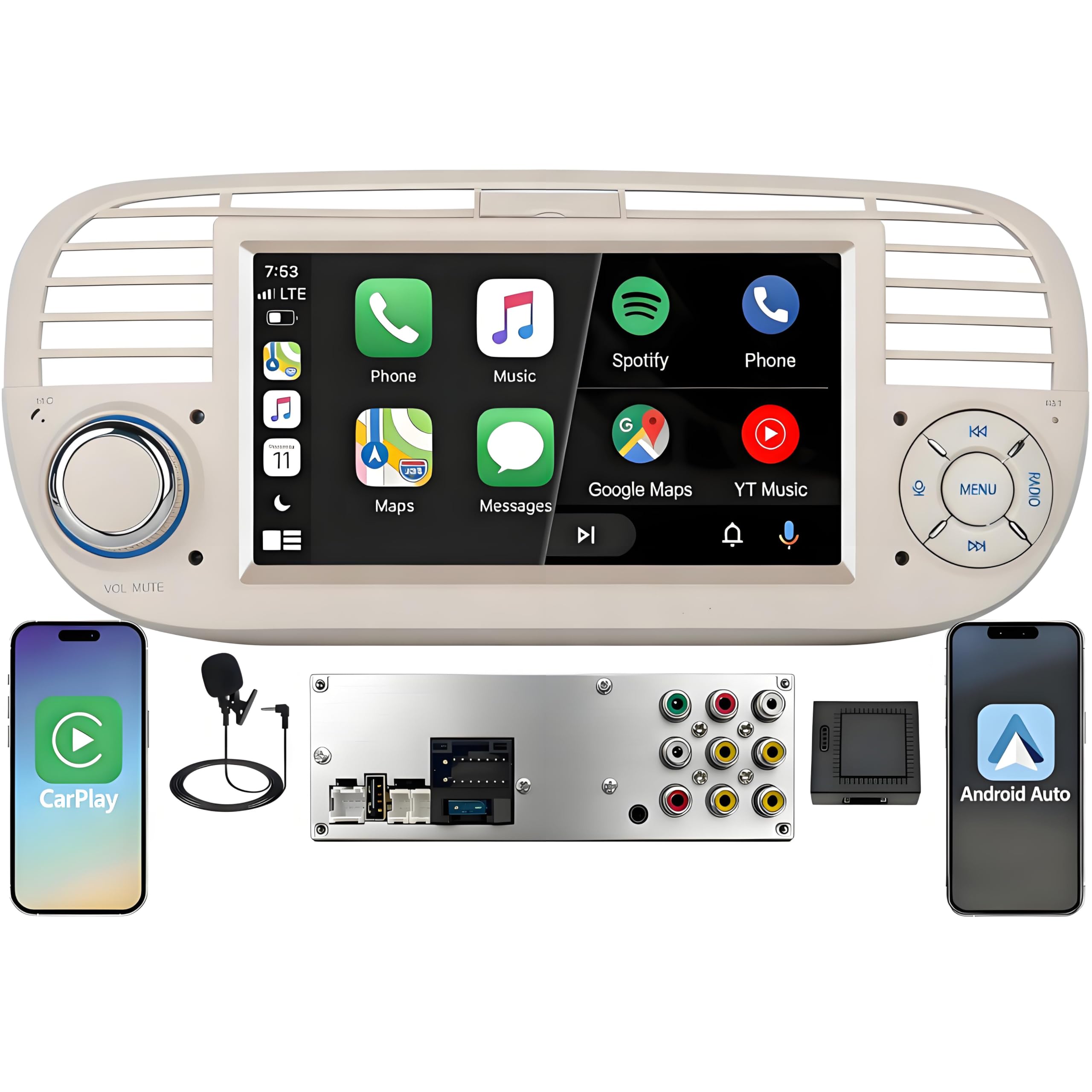 Autoradio Thihphoatli 1DIN Wireless CarPlay DSP RDS per FIAT 500 2007-2015 | Sistema Linux,avvio rapido 2s,Plug&Play,Bluetooth,CANBUS,comandi volante originali,schermo supporto telecamera posteriore