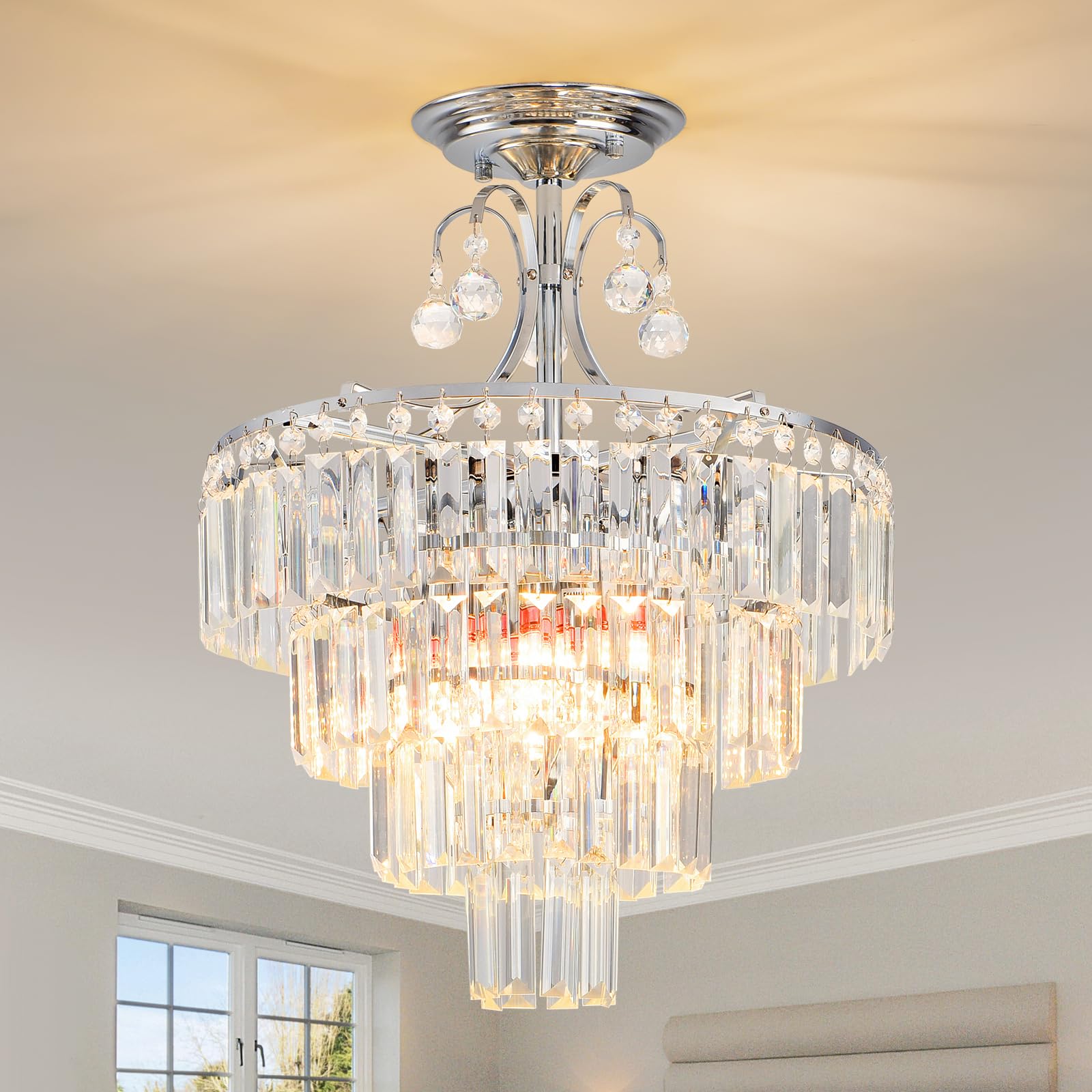 MSSIAN Crystal Silver Chandelier Antique Modern Semi Flush Mount Ceiling Light Fixture Ceiling Lamp for Dining Room Kitchen Bedroom Living Room Hallway E14x4 -Lights D39cm x H50cm