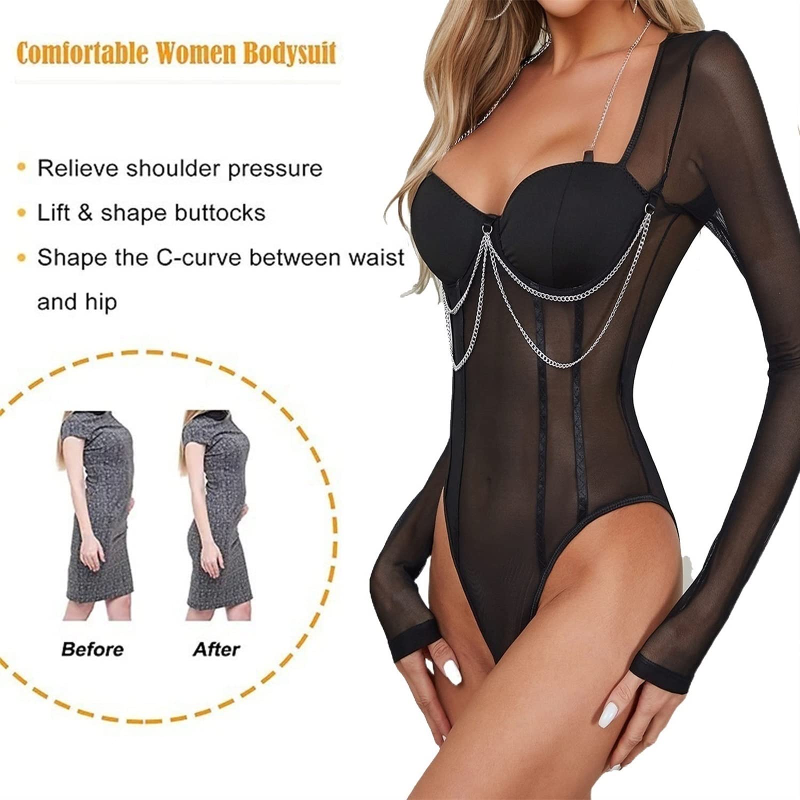 Body De Encaje Con Cuello Alto Falso Para Mujer, De Manga Larga, Con Tanga Transparente (color Negro, Talla L