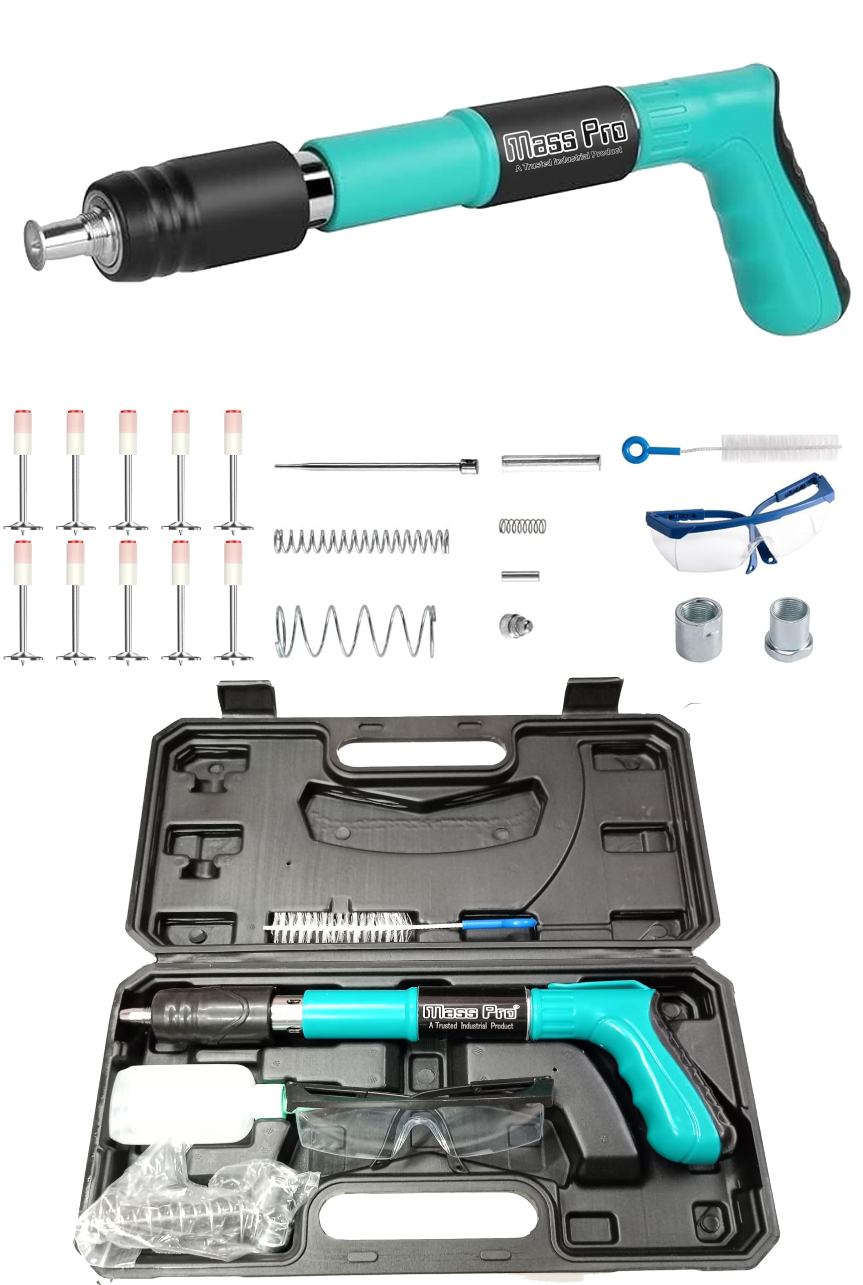 Mass Po Manual Steel Nail Gun Tool, Adjustable Portable Nail Shooting Machine with Wall Fastening Power, 10 Nails, Carry Case