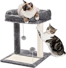 PETEPELA Cat Tree with Plush Cushion, Pom-poms, Sturdy Scratching Post and Sisal Scratching Post, 48 cm, Grey