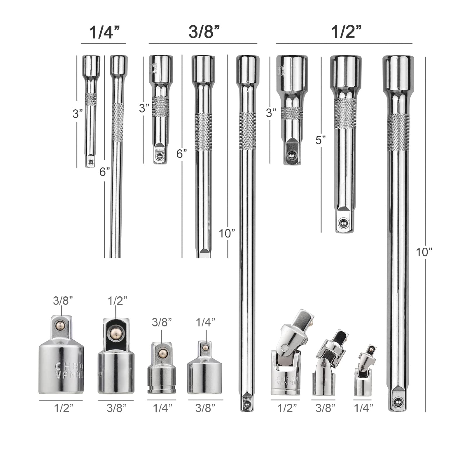 Lot de 15 accessoires d'outils d'entraînement comprenant des adaptateurs de douille, des extensions de joints universels, une barre d'extension d'impact et un adaptateur, accessoires professionnels
