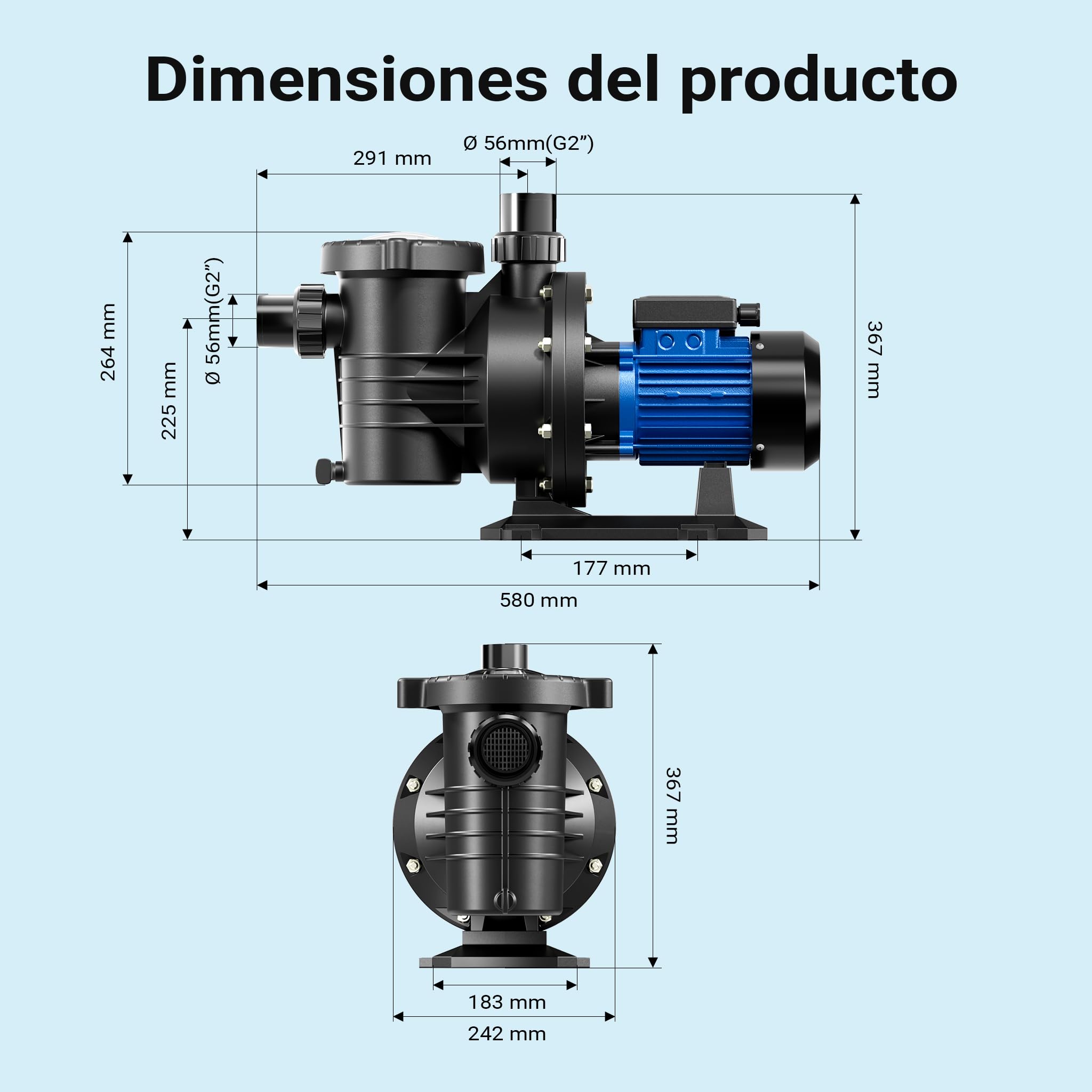 Wiltec Bomba de piscina 18600 l/h 750 W para piscinas de 74-110m ³, bomba con altura de elevación de 13 m bomba de circulación para albercas