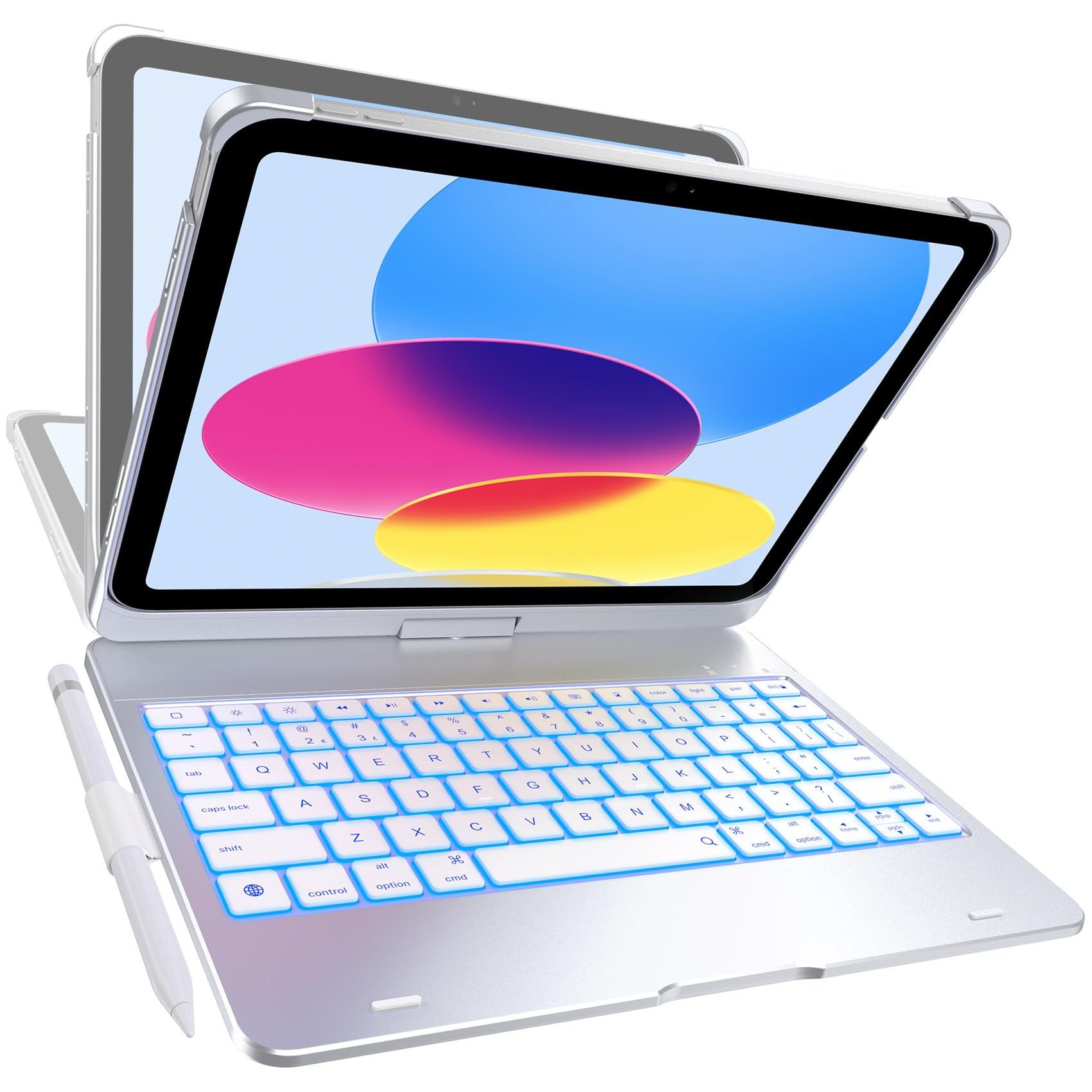 typecase Flexbook Keyboard Case for iPad 11th (A16, 2025) and iPad 10th Gen (10.9", 2022) – No Trackpad, 11-Color Backlight, 360° Rotatable, 7 Use Modes, Thin & Lightweight – Silver