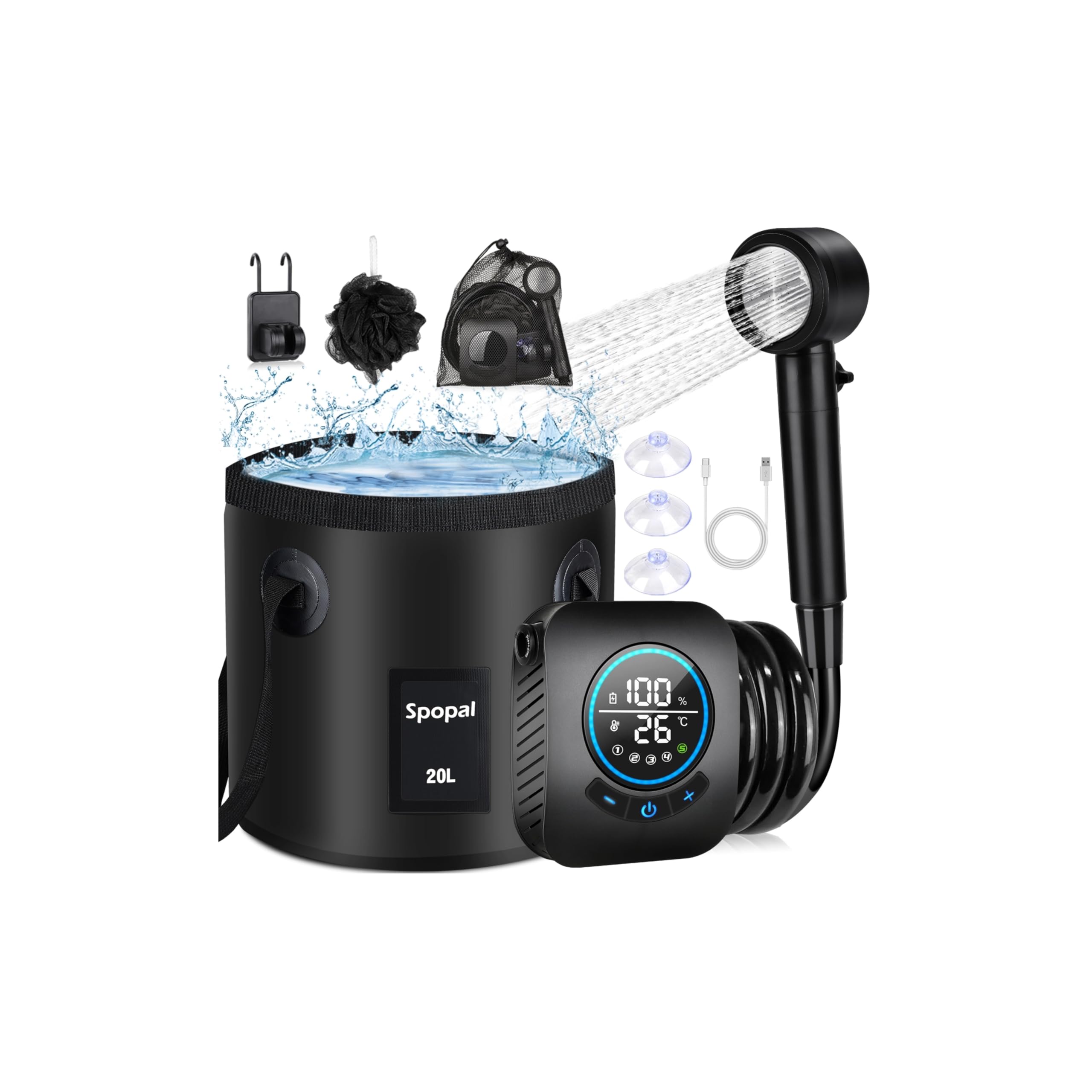 Spopal Camping Douche Portable, [Imperméable] Kit Douche de Camping,Rechargeable,8000mAh, avec Seau Pliable 20L,Afficheur Intelligent et Pomme de Douche 5 Modes pour Extérieure,Camping