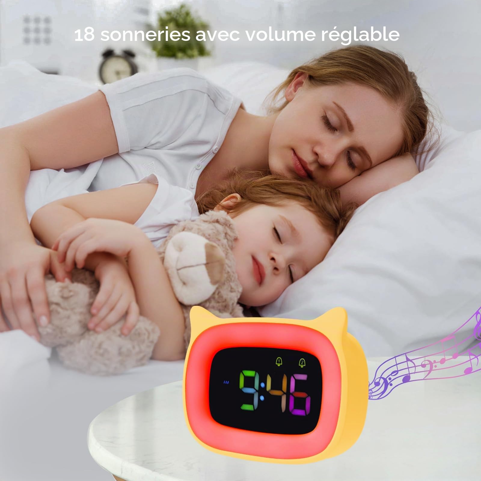 Seutgjie Réveil Enfant Lumineux pour Adolescent/Fille/Garçon, Reveil Chat à RGB 8 Couleurs & 18 Sonneries & 2 Alarmes, Réveil Enfant Éducatif 12/24 Heures avec Mode de Répétition