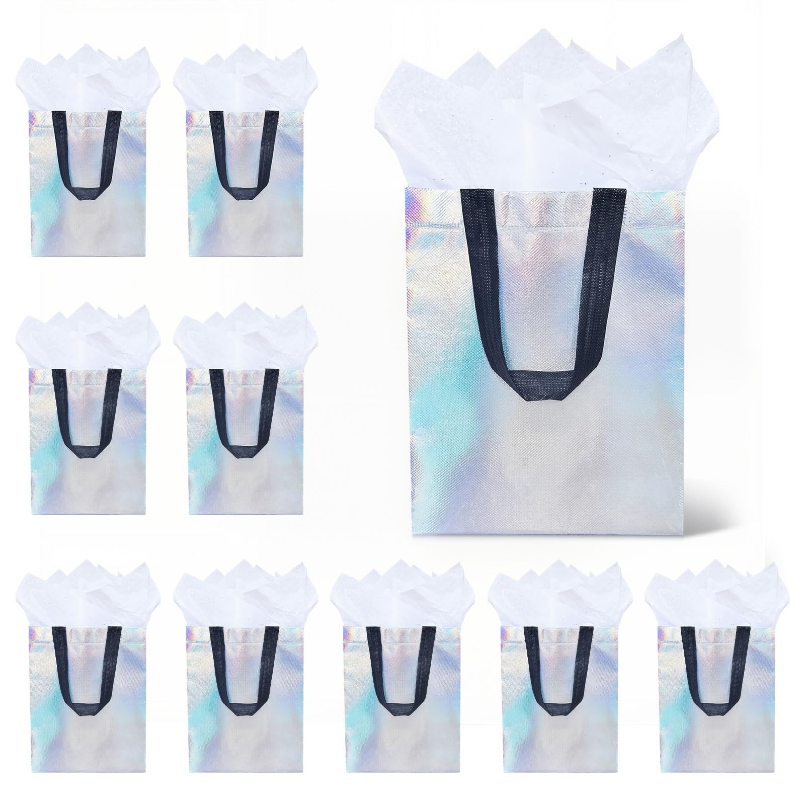 RUISPEED 10-Piece Set of Shiny Hologram Gift Bags with Tissue Paper, 7.8" Sturdy Paper Bags with Handles – Ideal for Children's Party, Favours, Wedding, Party & Farewell Gifts