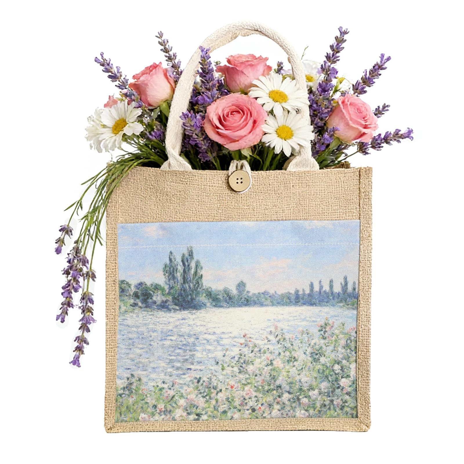 CAZSYSDD Jute Tote Bag with Floral Design – Grandmother Reusable Shopper Bag, Nanny Gift, Grandma Gift, Ideal present for Mother’s Day, Birthdays, Chrismas (Water front flower 30)