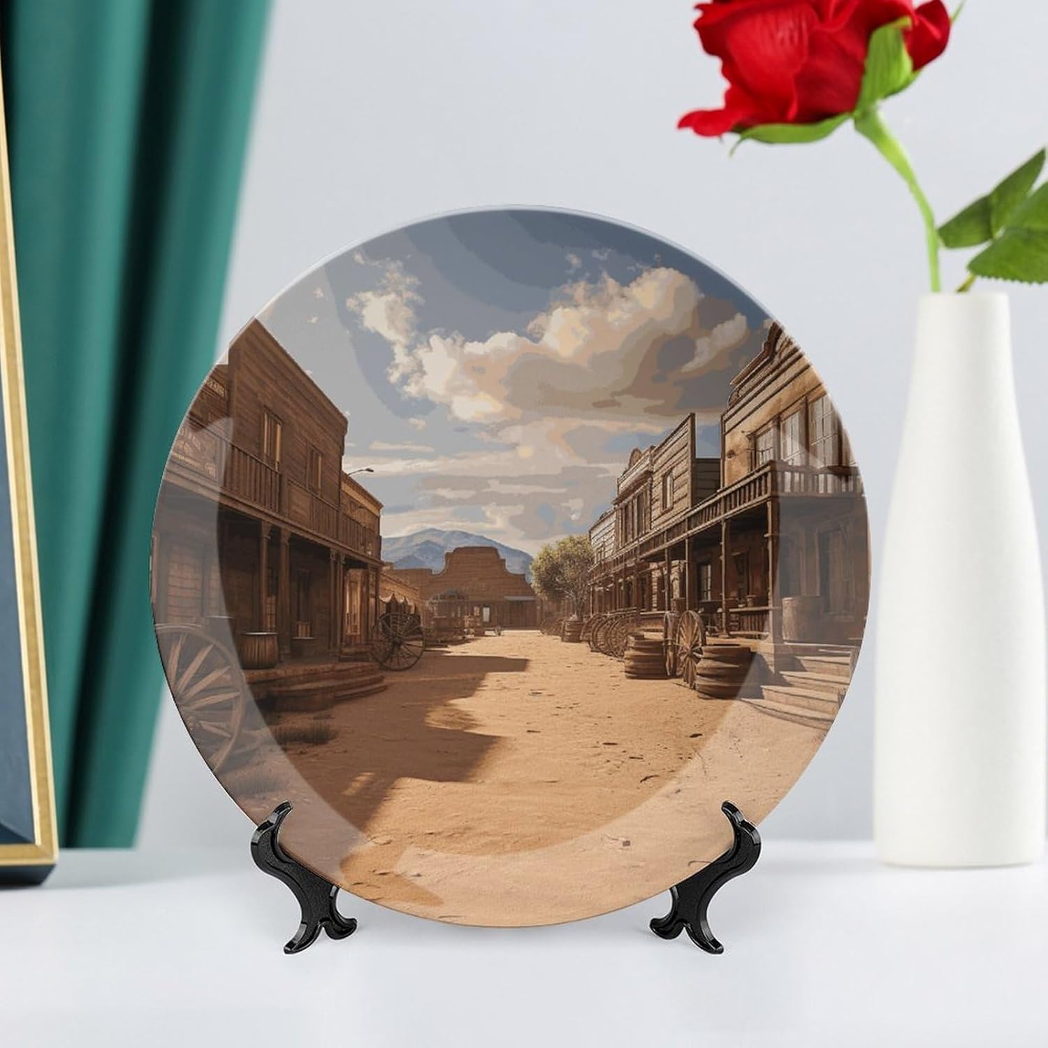 Old Wild West Cowboy Town Ceramic Plate 10inch Decorative Bone China Wall Hanging Ornament Plates Bohemian Style Dinner Plate with Display Stand Cabinet Display Plates for Home Art Decor
