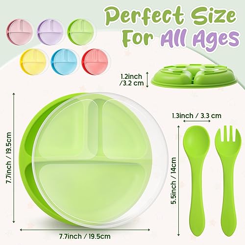 Miniatura 2 de Meanplan Paquete de 6 placas de succión para niños pequeños con tapas, juego de platos de silicona de grado alimenticio, diseño dividido de silicona