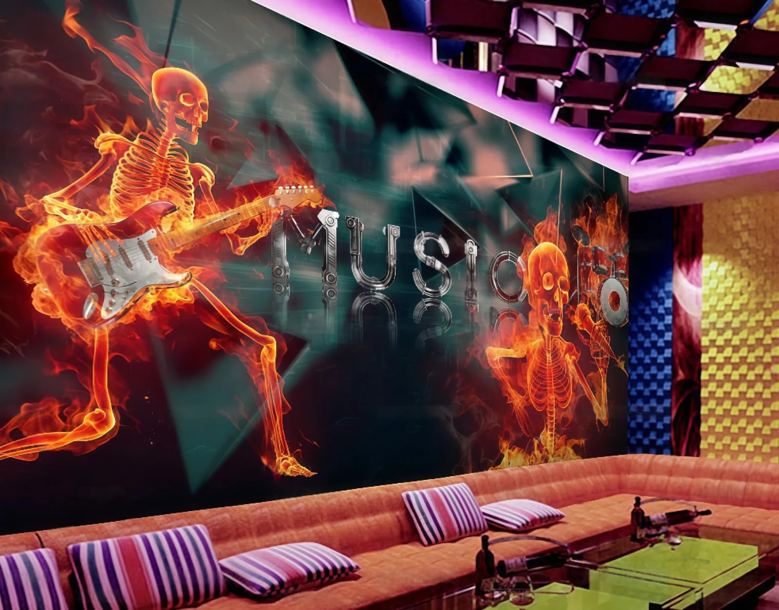 Rskjdghshd 3D Wallpaper Cool Black Three-Dimensional Guitar Music Flame Theme Nightclub Bar Western Restaurant Background Wall Mural Afternoon Tea Coffee Shop Wallpaper,,200X140cm