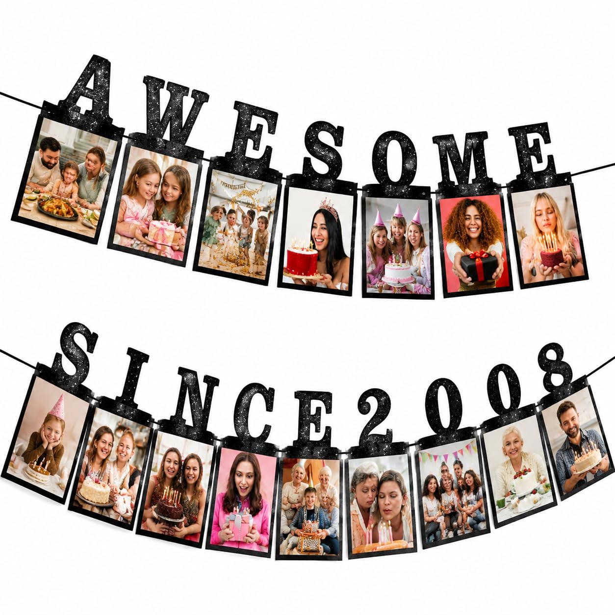 21 Pcs 18th Birthday Photo Banner, Black Glitter 18 Years Old Picture Banner for 4x6 Photos, Milestone Anniversary Party Decorations Supplies, Hanging Garland for Boys Girls Memories Display