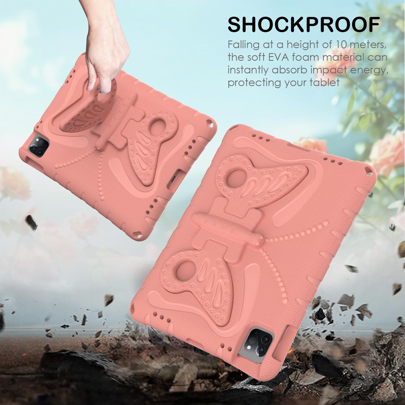 Custodia per bambini compatibile con iPad Air 11" (M3 2025 7th/M2 2024 6th), custodia leggera antiurto in schiuma EVA con tracolla e copertura di supporto per ragazzi e ragazze (rosa)
