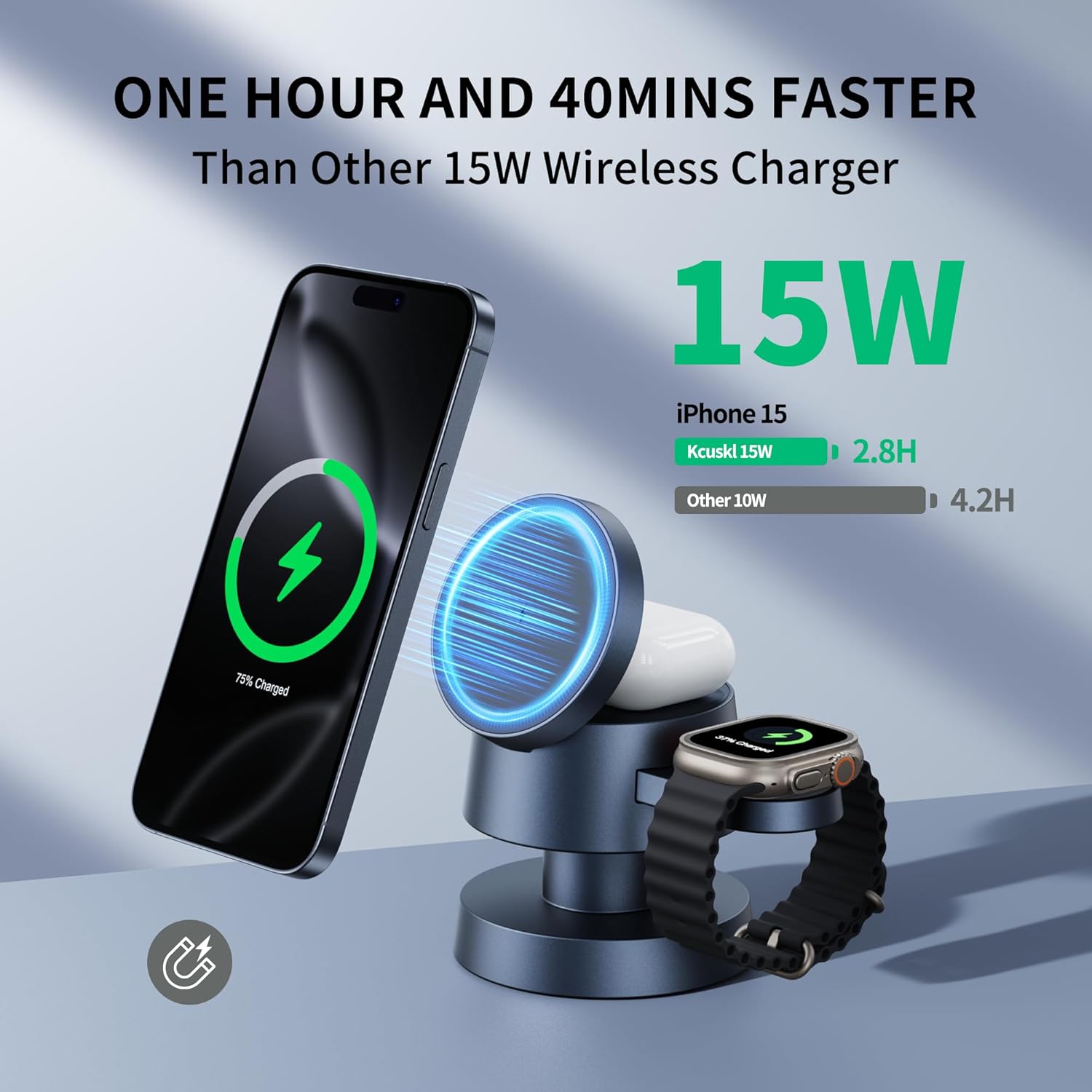 4 in 1 Magnetic Wireless Charging Station,15W Fast Charging with Adjustable Night Light for MagSafe Charger Stand,3 in 1 Wireless Charger for iPhone 17/16/15/14/13 Pro Max,Apple Watch & AirPods - Image 2