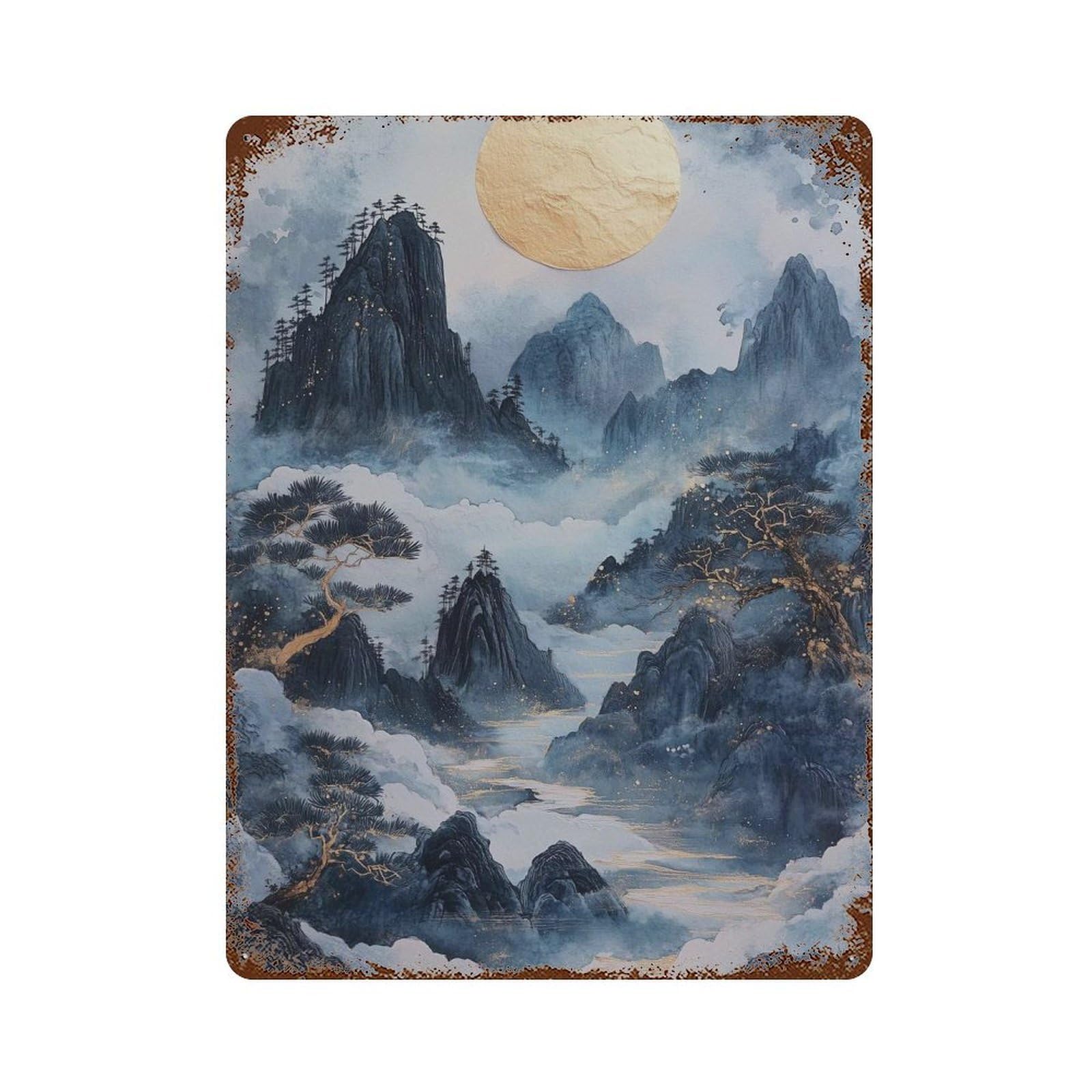 xiaoxiaoshen Golden Moon Mountain Japanese Misty Landscape Tranquil Blue Nature Wall Decor Art Metal Tin Poster Modern Home Decor Art Home Bar Shop Decorations Vintage Sign 40x30cm