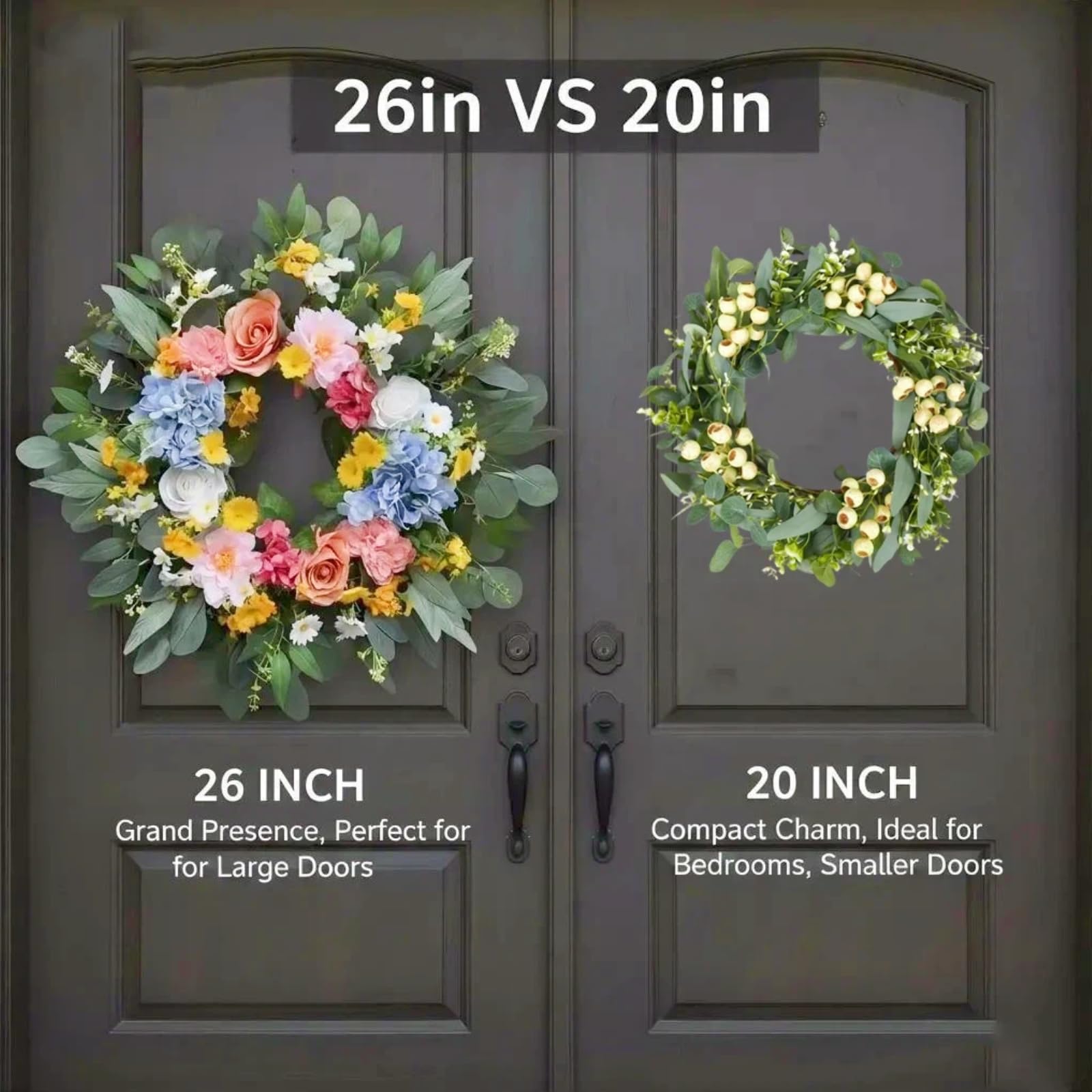 Wieniec na drzwi wejściowe, nowoczesny styl dworkowy, 66 cm, kolorowy wieniec letni i wiosenny, sztuczny wianek z hortensjami i różami, odporny na warunki atmosferyczne dekoracja drzwi, wieniec na