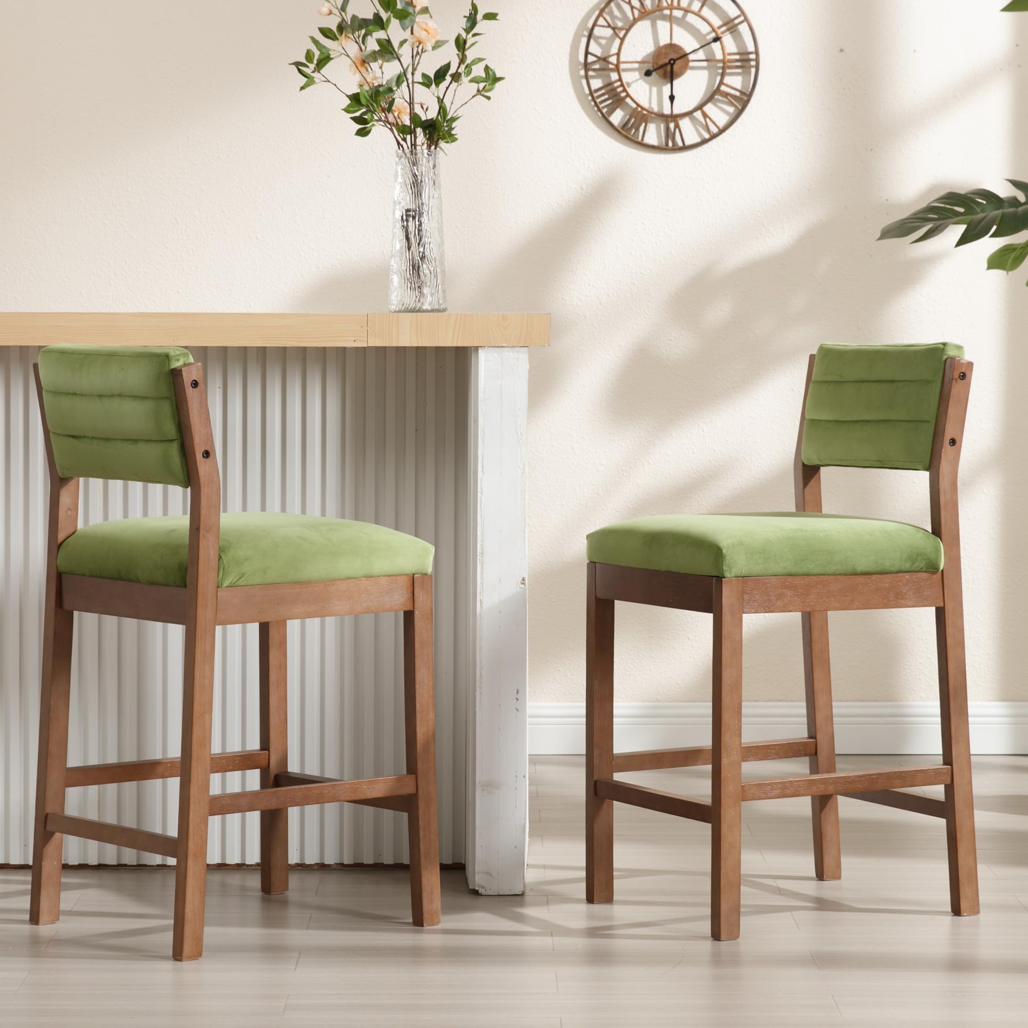 BESTANO 26” Counter Height Bar Stools Set of 2 Velvet Upholstered Kitchen Island Stools with Back Mid Century Rectangle Wood Barstools Countertop Bar Chairs, Green
