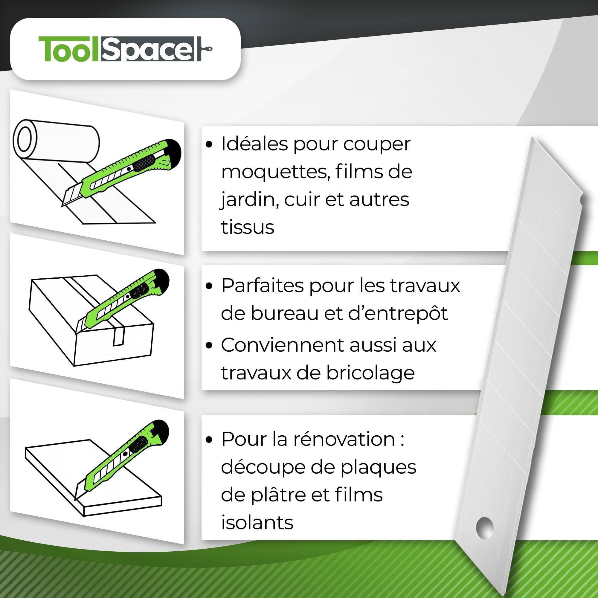 ToolSpace Lame Rechange pour Cutter Couteau Lames Sécable Segmentée pour Coupe Précise de Papier Carton Tissu Plastique Cuir et Autres Matériaux Acier Carbone Trempé Tranchantes – 18 mm Lot de 20