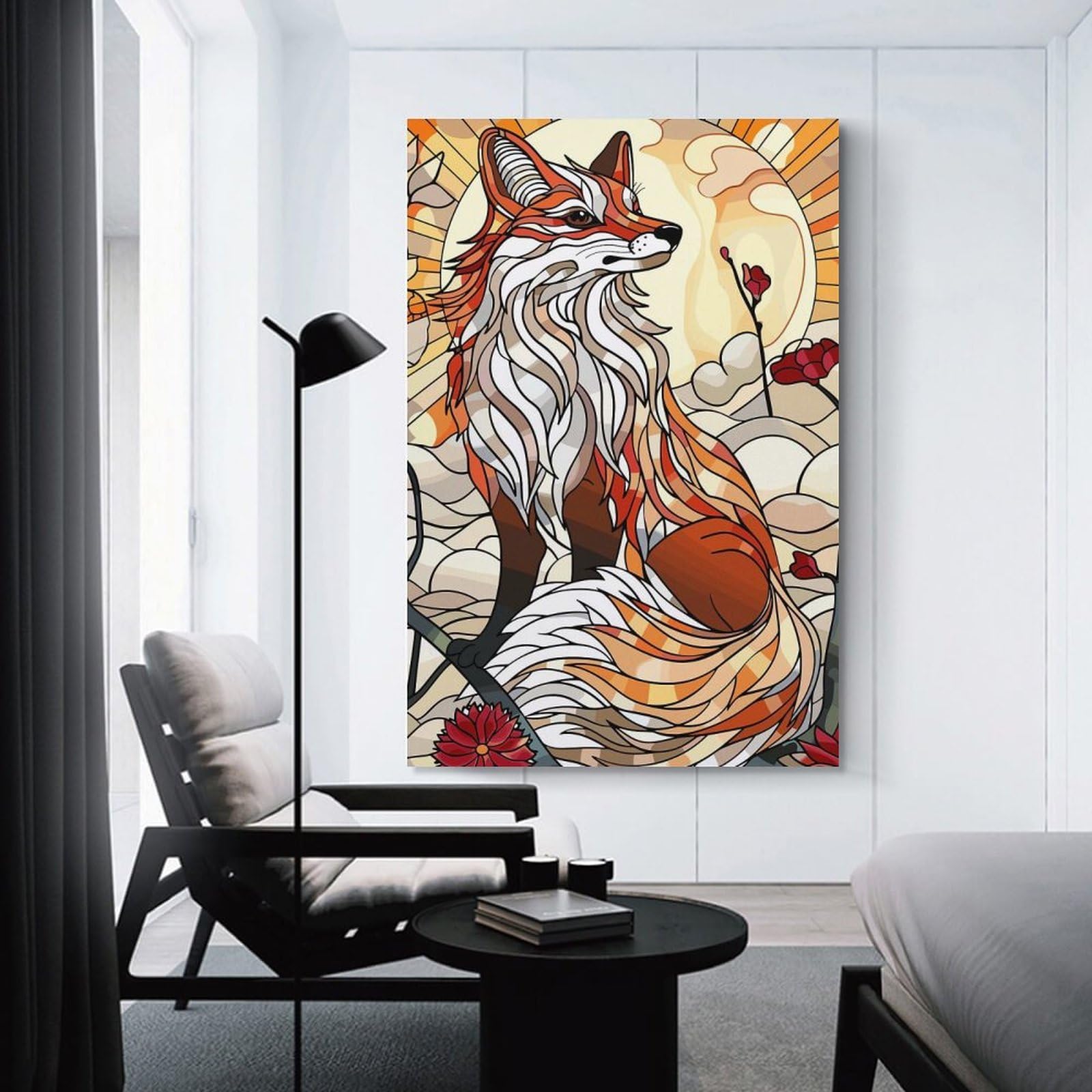 Junmoney Canvas Art Print Stained Glass Fox with Moon And Flowers, 20x30inch(50x75cm), for Office, Study Or Home Workspace, Home Office Artwork with Decorative Appeal