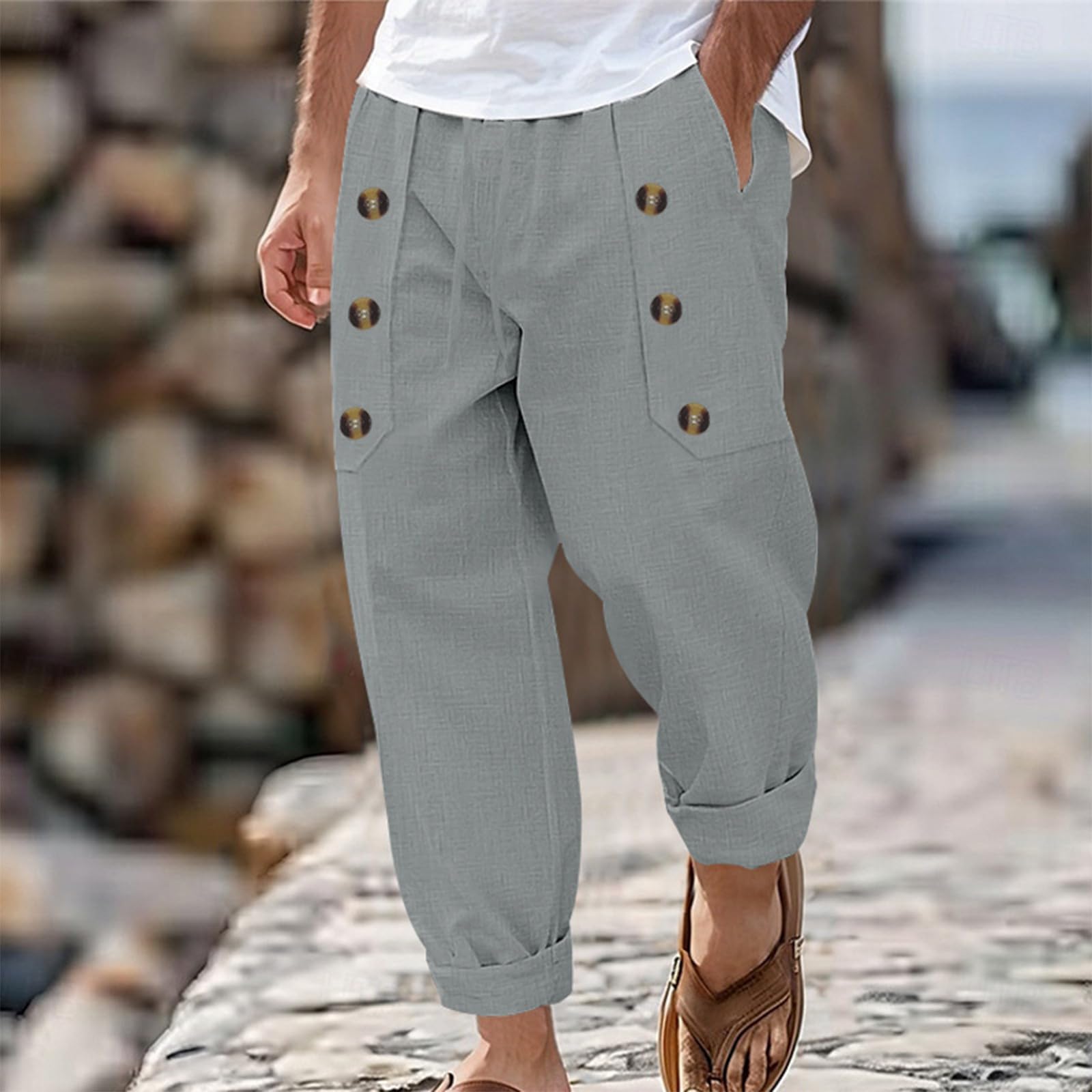 Leinenhose für Herren Loose Leinen Hose mit Kordelzug Taschen Sommer Baumwolle Leinen Hosen Weich Atmungsaktiv Sporthose Straight Leg Freizeithose Leinenhose Bequeme Casual Streetwear Strandhose