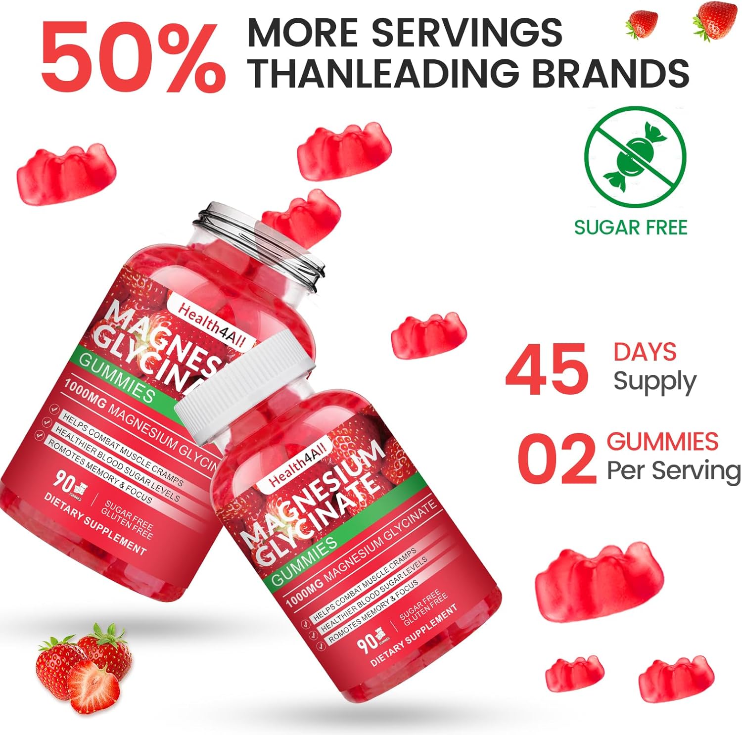 Magnesium Glycinate Gummies 1000mg, High Absorption Sugar Free Magnesium Potassium Supplement for Relaxation, Stress Relief, and Sleep Support for Adults & Kids - 180 Strawberry Gummies