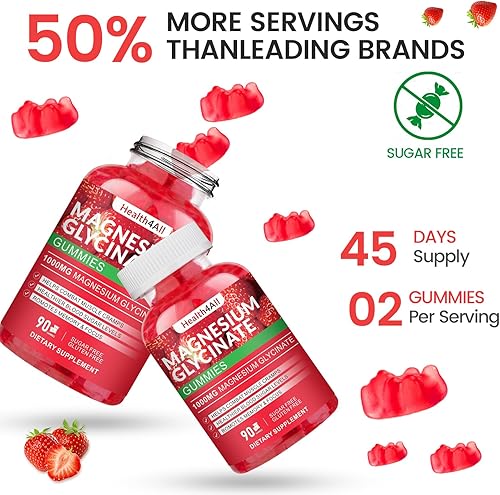 Miniatura 5 de Gomitas de glicinato de magnesio 1000mg, suplemento de magnesio y potasio sin azúcar de alta absorción para relajación, alivio del estrés y apoyo