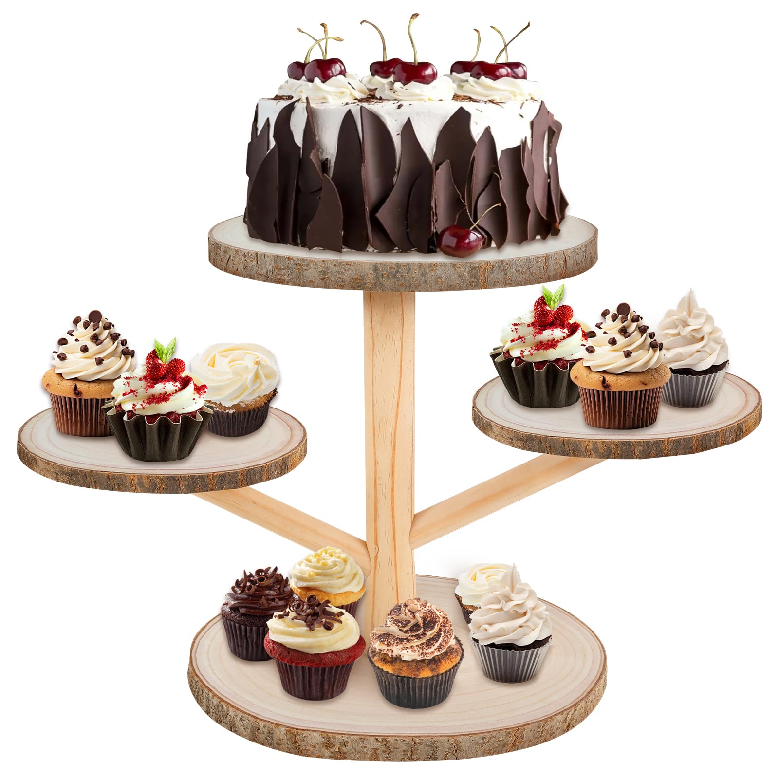 Tcwhniev Wooden Rustic Cupcake Stand, 4 Tier Round Wood Cake Stand Decorative Rustic Wood Cupcake Holder Easy to Install Easy to Disassemble Cupcake Stand for Wedding Birthday Baby Shower Decor