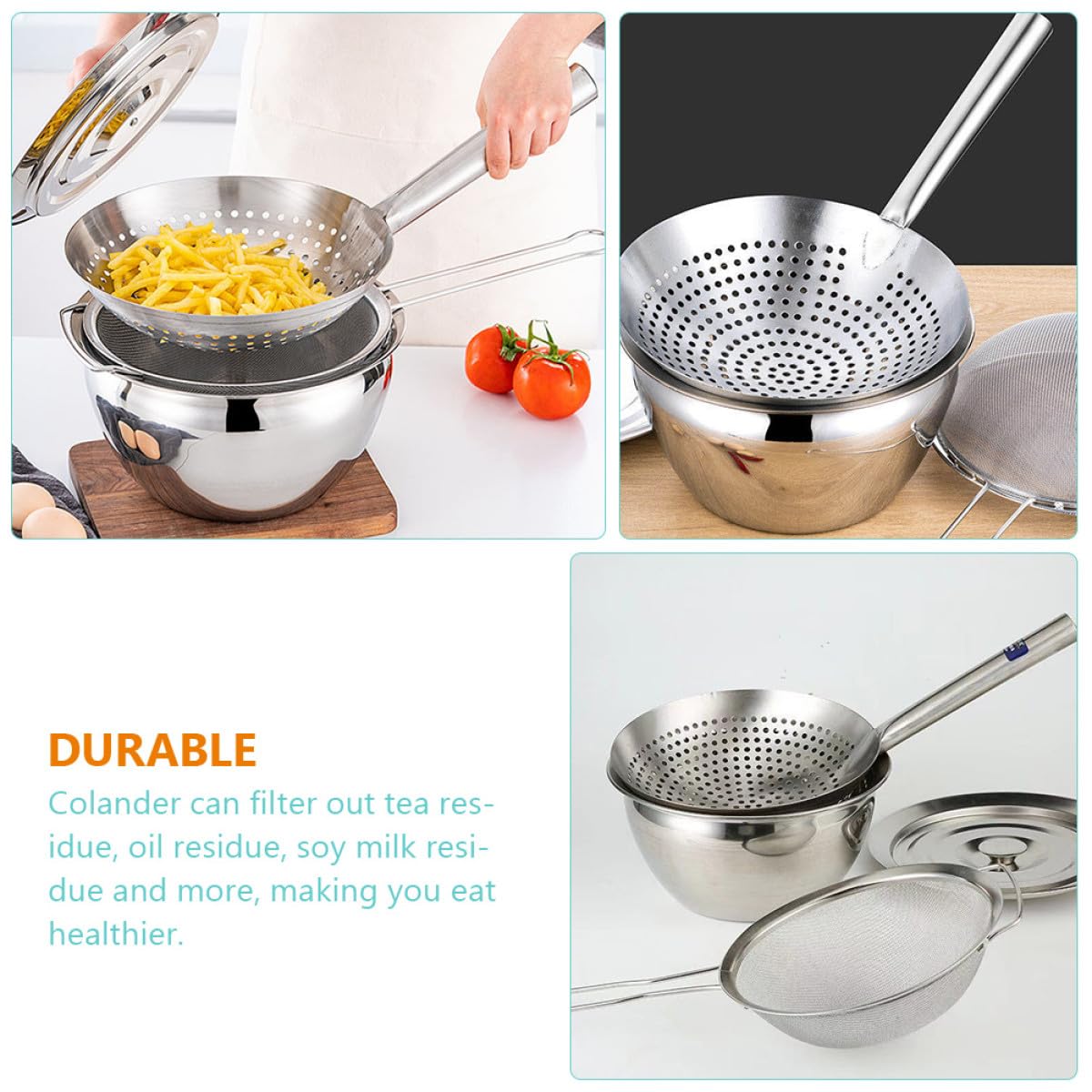 SHINEOFI Colador de Malla de Cocina de Acero Inoxidable 24 CM y Recipiente para Aceite Profundo de 23 CM Filtro Multifunción para Freír Utensilios de Cocina Profesional y Contenedor de