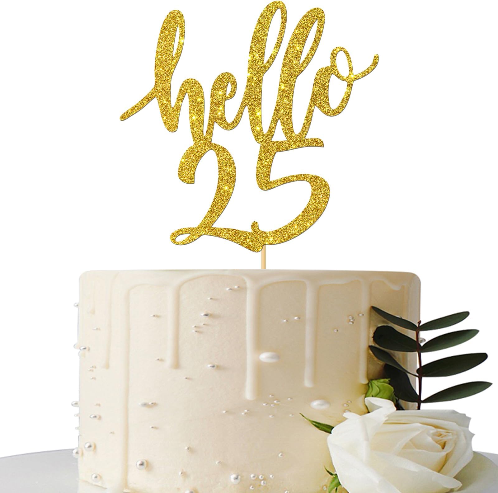 Maicaiffe Hello 25 Cake Topper - Gold, 25th Birthday & Anniversary Party Decoration, Cardboard, 1 Count