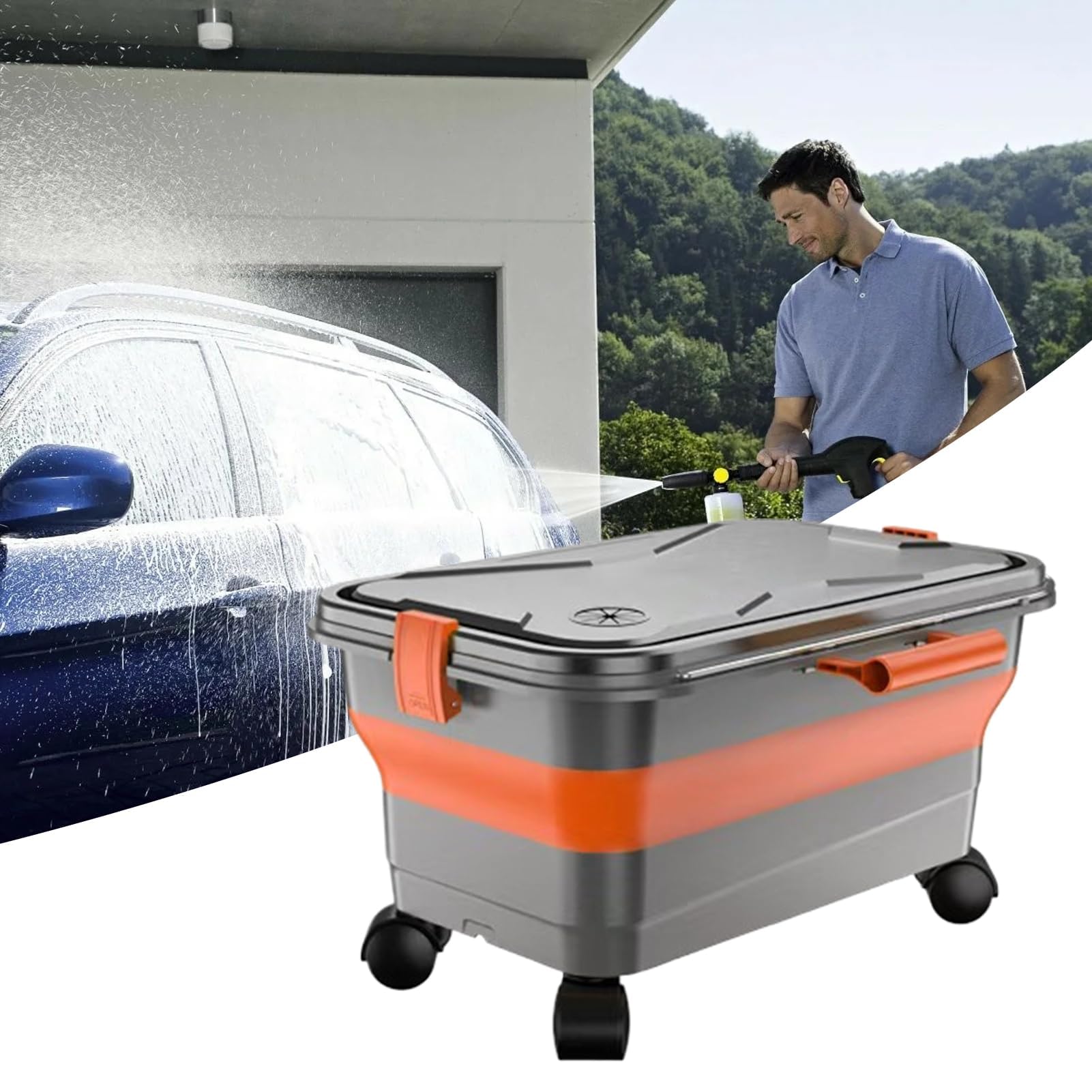 Depósito de agua para lavado de coche, contenedor plegable de 22 litros con rodillos lisos, organizador portátil que ahorra espacio, lavado de patio al aire libre, tareas de limpieza familiar, cubo