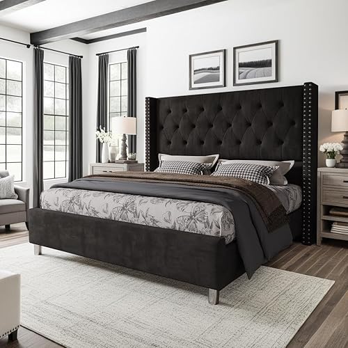 Jocisland Bed Frame King Size Velvet Tufted Upholstered Bed Low Profile Platform Bed Raised Wingback Headboard/Wood Slats Support/No Box Spring Needed/Easy Assembly/Black