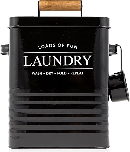 Calindiana Dispensador de jabón de metal con cuchara para decoración de lavandería y ahorro de espacio, organización y almacenamiento, contenedor de