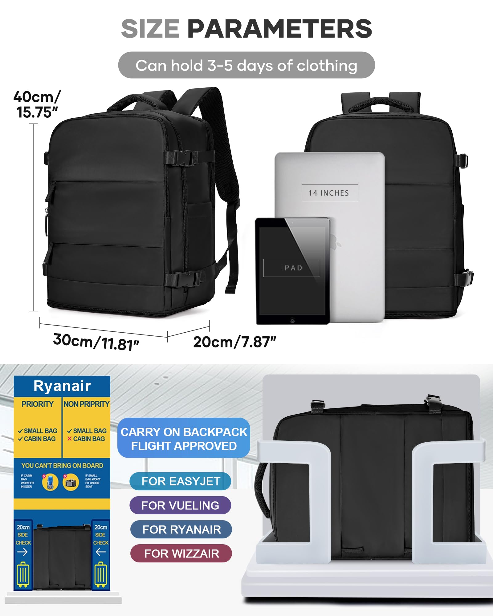 BJLFS Borse da Cabina per Ryanair 40x30x20 Bagaglio a mano Sottovuoto 40x20x25 Zaino da Viaggio con Sottovuoto impermeabile Donna Zaino Easyjet 45x36x20 Zaini Wizzair con porta scarpe