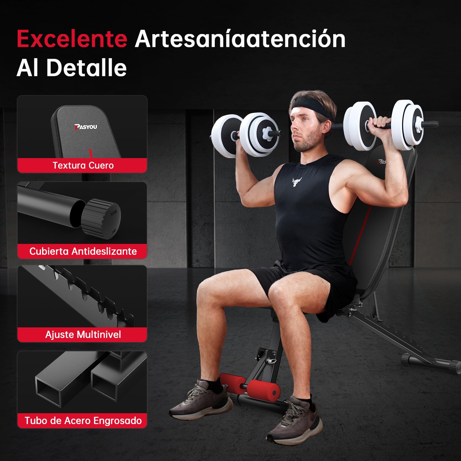 PASYOU Banco Musculación Plegable 10 Posiciones Ajustables 90° Vertical Multifuncional Banco de Pesas para Entrenamiento de Cuerpo Completo Banco Abdominales