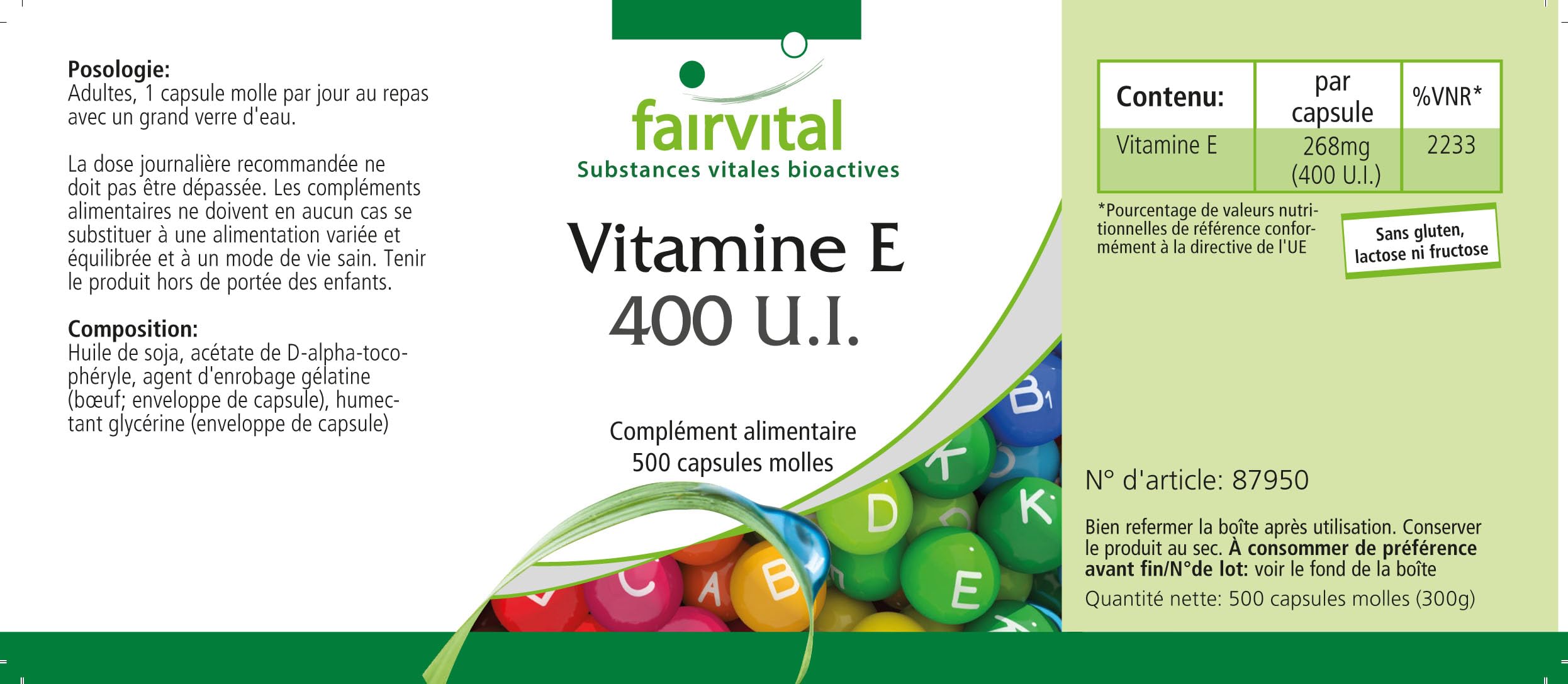 fairvital Vitamin E Kapseln 400 I.E., 500 Softgels, schluckfreundlich, HOCHDOSIERT, für die ganze Familie