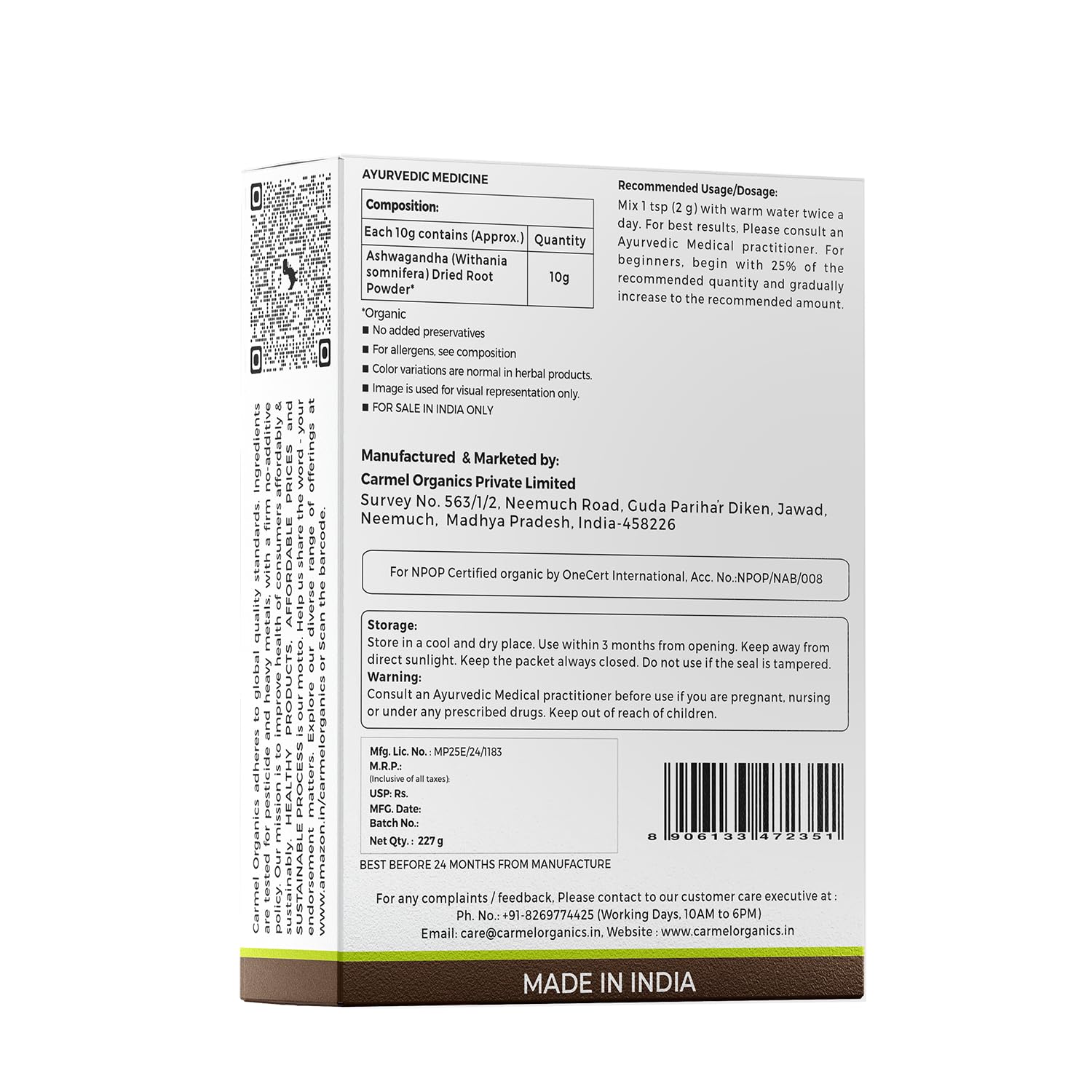 CARMEL ORGANICS Ashwagandha Root Powder 227 Grams