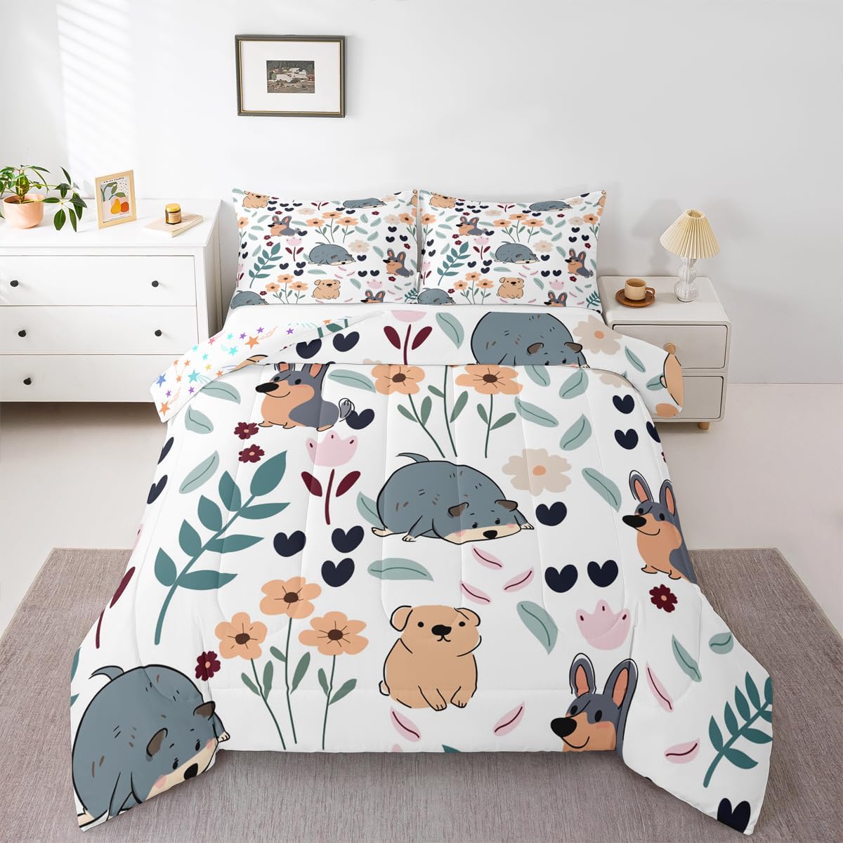 Feelyou Cartoon Dog Comforter Set Full, Puppy Dog Bedding Set for Kids Boys Girls Dogs and Flowers Bedding Set Botanical Plant Duvet Set Durable Quilt Set