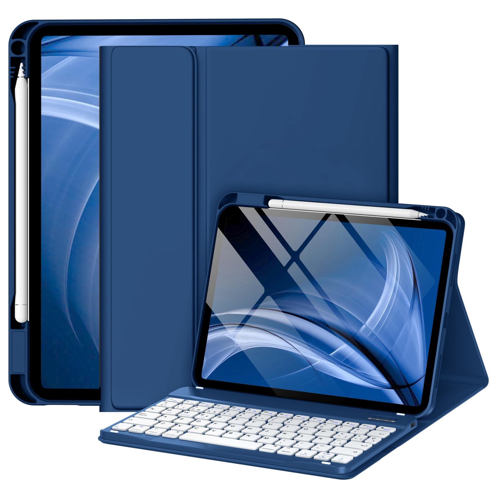 drivego Funda con Teclado para iPad A16 11ª Generación 2025/10.ª Gen 2022 | 11/10,9 pulgadas QWERTY Español Ñ, Teclas Anticaídas, Teclado Bluetooth Magnético Desmontable con portalápices, Azul Marino