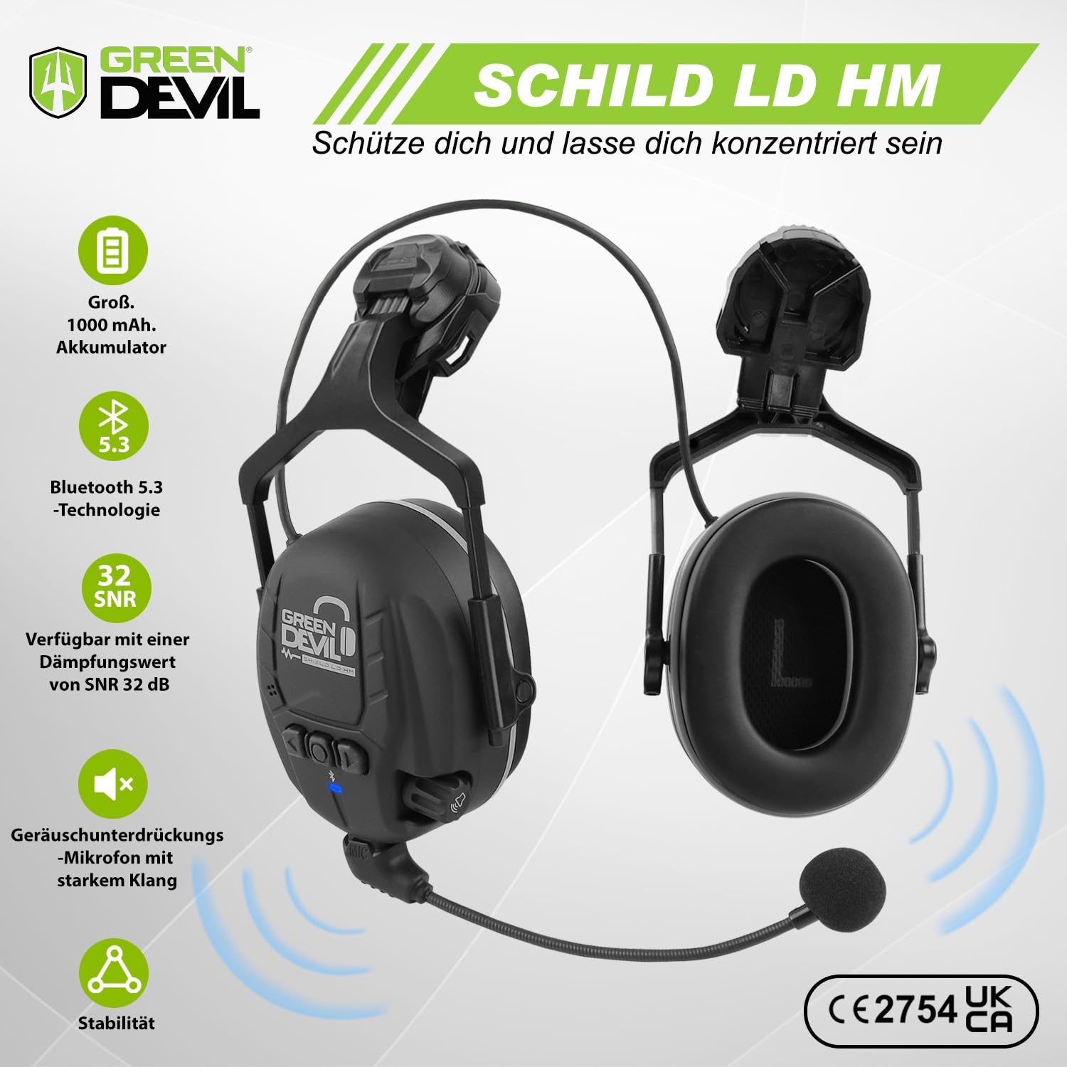 GREEN DEVIL Mervex Vent kask ochronny z aktywną ochroną słuchu i przezroczystym wizjerem, kask roboczy ABS, EN 397, kask przemysłowy zgodny z normą EN352 SNR 32 dB z Bluetooth