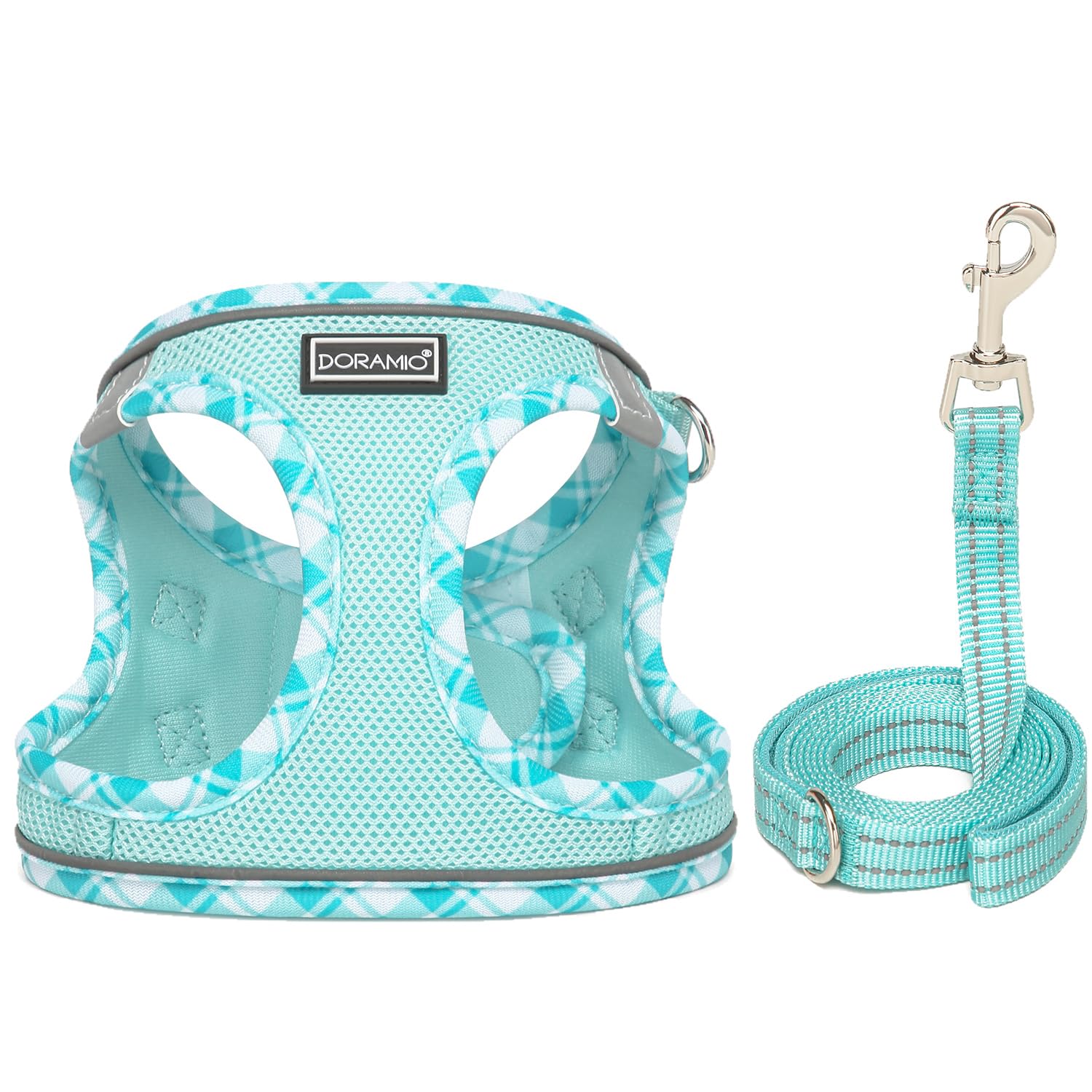 DORAMIO Pettorina Cane Taglia Piccola, Step-in Pettorina per Cani Gatti Cuccioli con Guinzaglio Comodo, Riflettente Traspirante Imbracatura Cane Morbida Imbottito per Passeggiate (XL, Blu Chiaro)