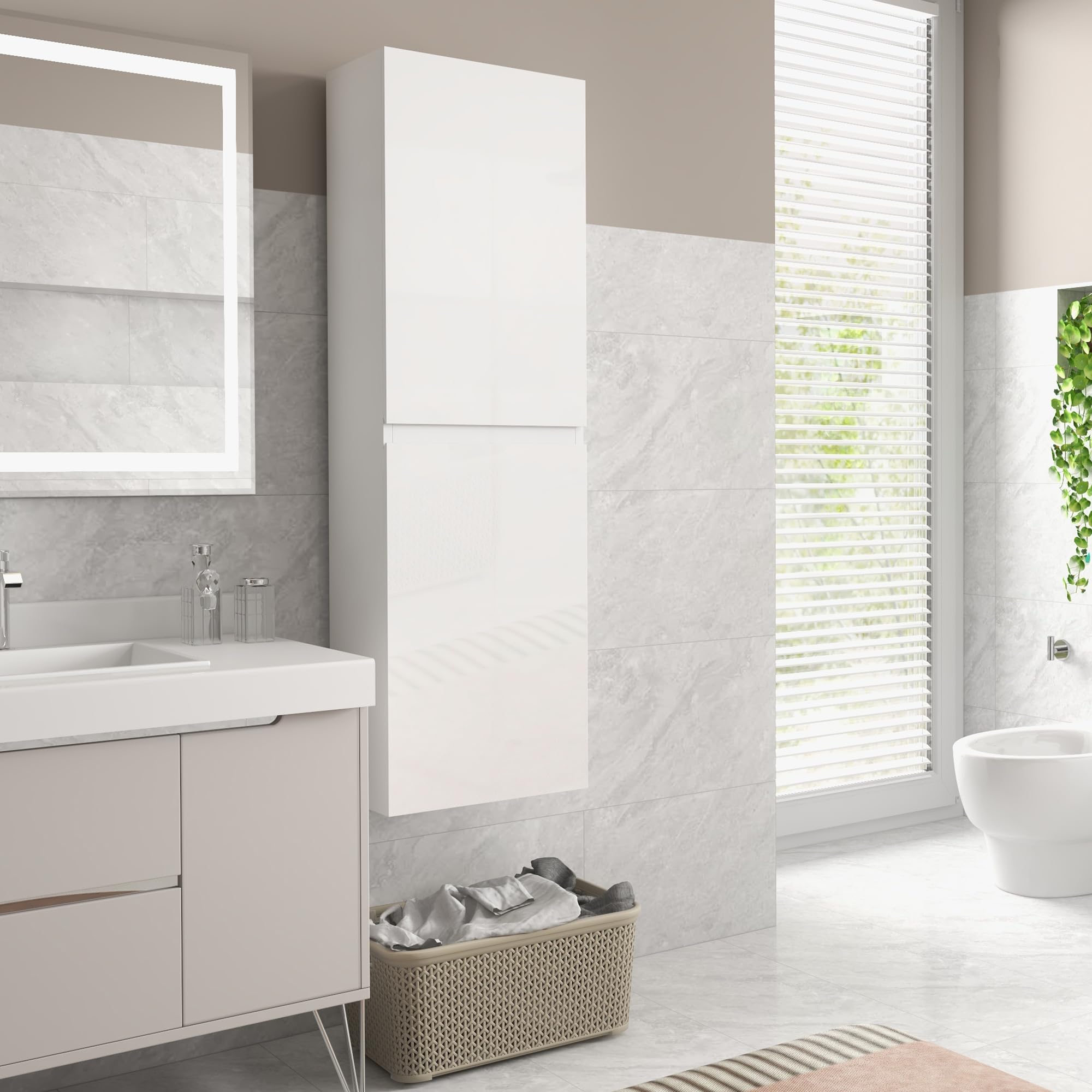 kleankin Mueble Alto de baño, Mueble Alto de almacenaje, Acabado Alto Brillo, estantes Regulables, 2 armarios, Estante de almacenaje de baño, 35 x 25 x 120 cm, Lacado en Blanco
