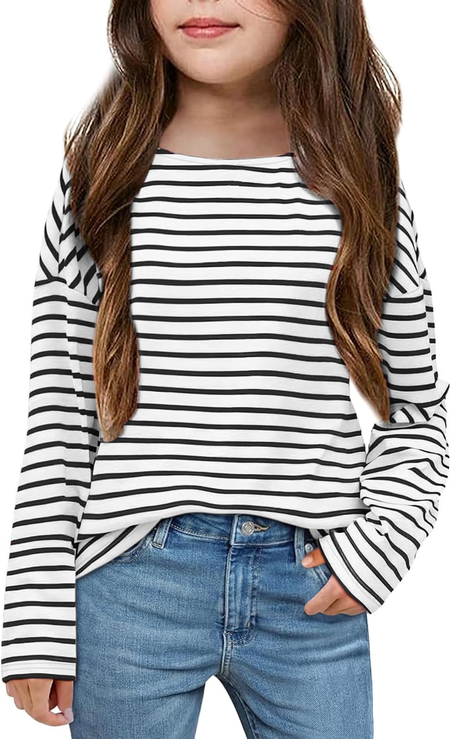 Fanway&EC Girls Casual Long Sleeve T Shirts Basic Crewneck Striped Tunic Blouses Tops
