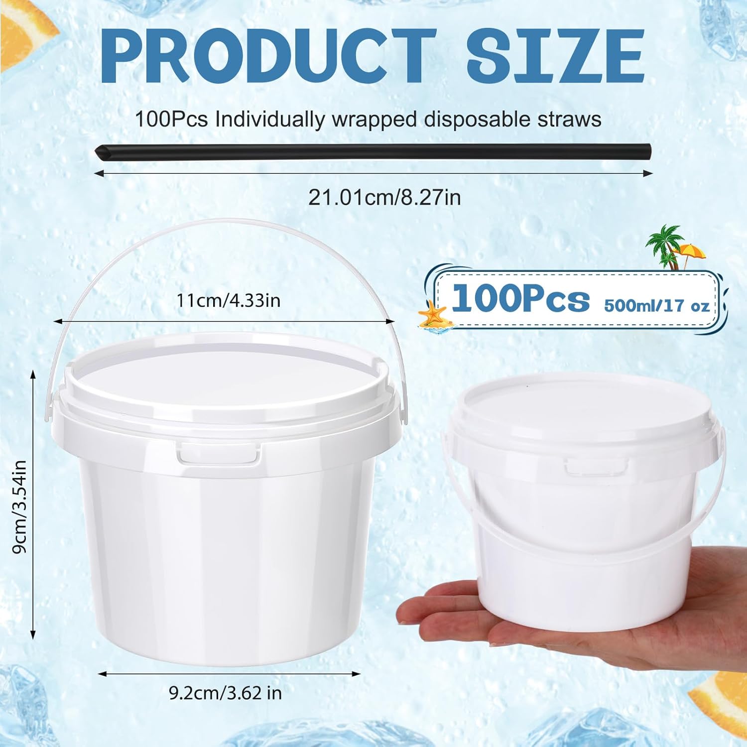 100 Pack Plastic Rum Buckets for Drinks, 17 OZ Cocktail Buckets with Lid and Straw, Reusable Smoothie Bucket, Ice Cream Pails for Halloween Football Parties Bar