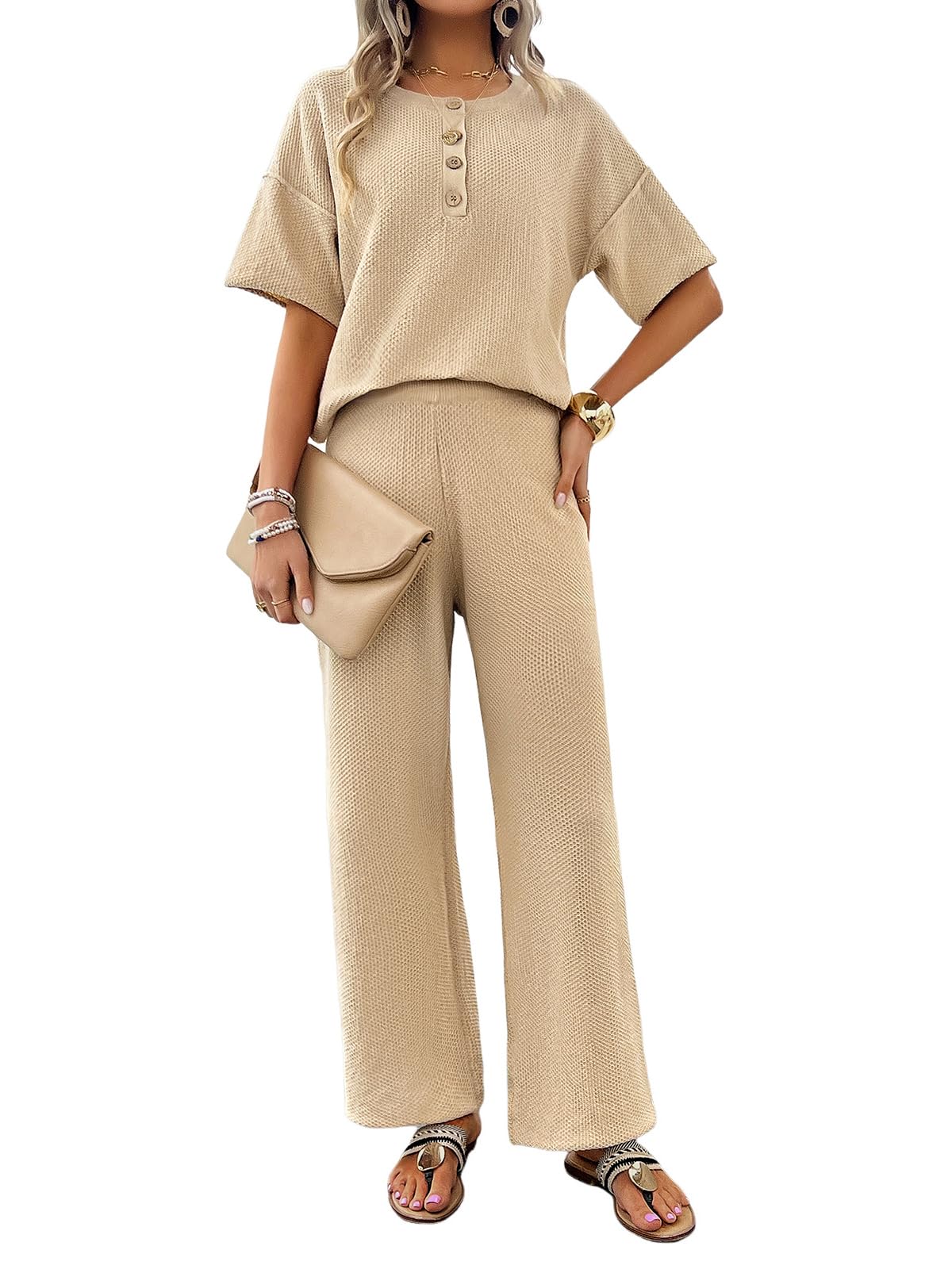 Damen 2 Teiler Set Herbst Zweiteiliges Strickset Kurzarm Oberteil Knopfdetails Weiten Hosen Vielseitiges Lässiges Homewear