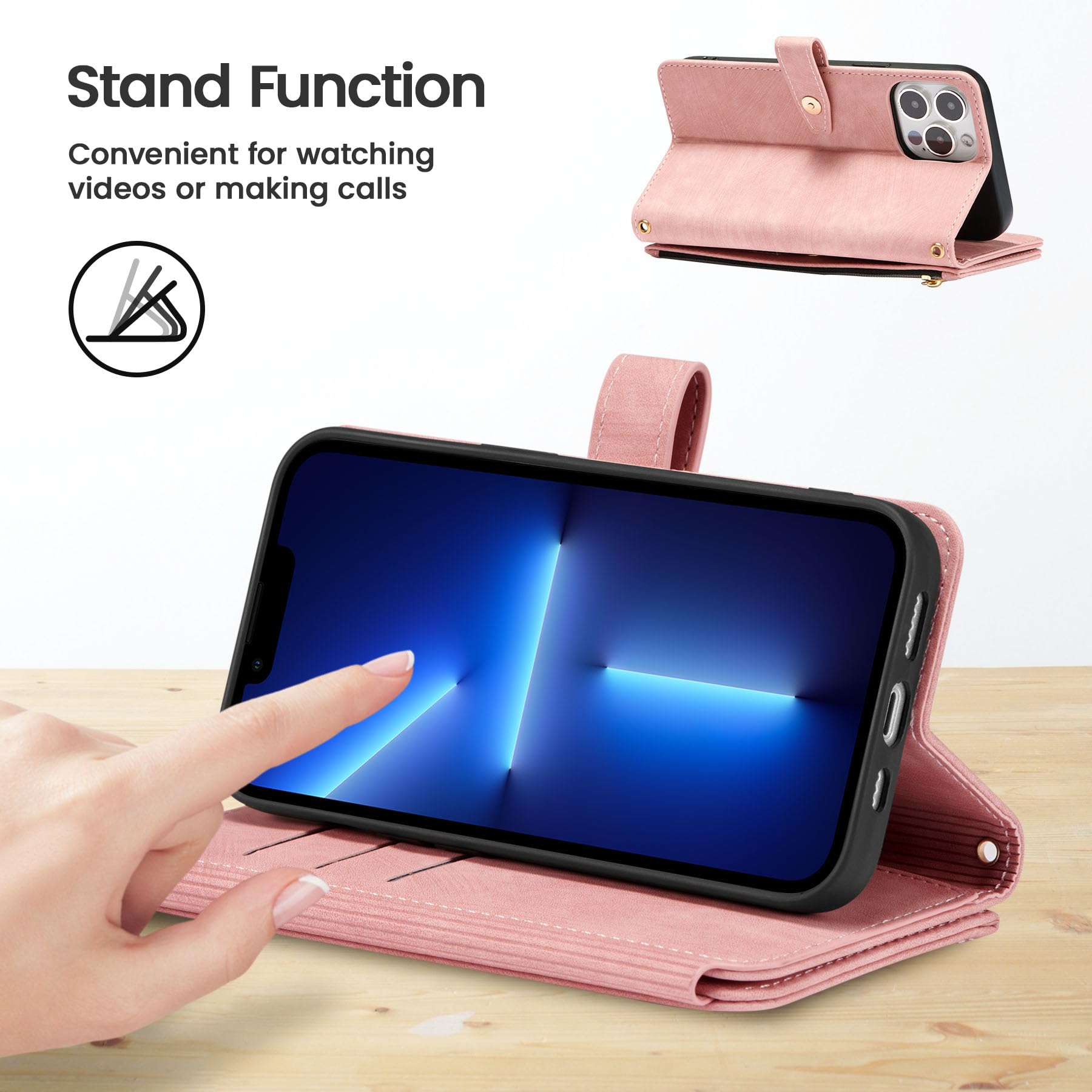 Custodia IPhone 14 Pro Max A Portafoglio In Pelle Con Cinturino E Catena – Rosa - 3