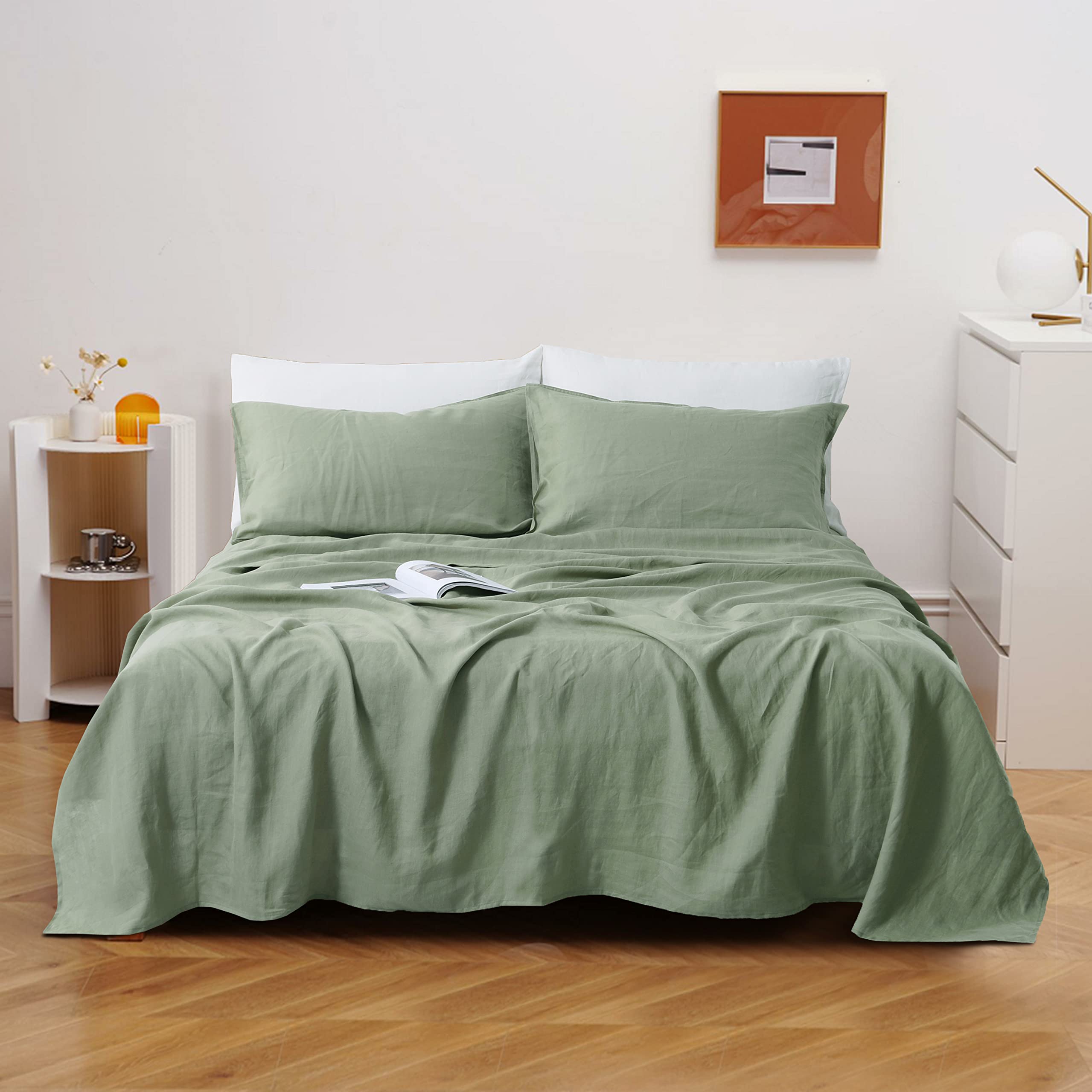 100 Linen Fitted Sheet and Linen Pillowcases Set, Stonewashed, Light Gray, Housewarming Gift