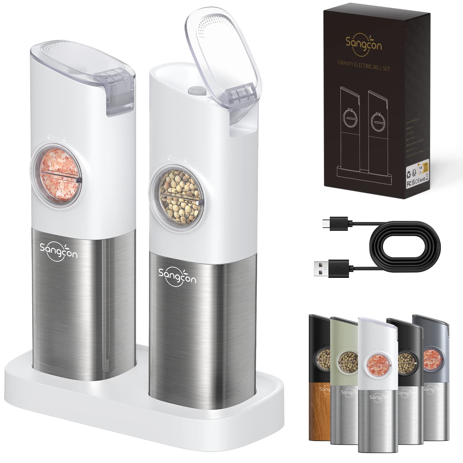 Sangcon Gravity Electric Salt and Pepper Grinder Mill Set, USB Rechargeable with Dual Charging Base,White LED Light, One Hand Operation, Adjustable Coarseness, Off-white