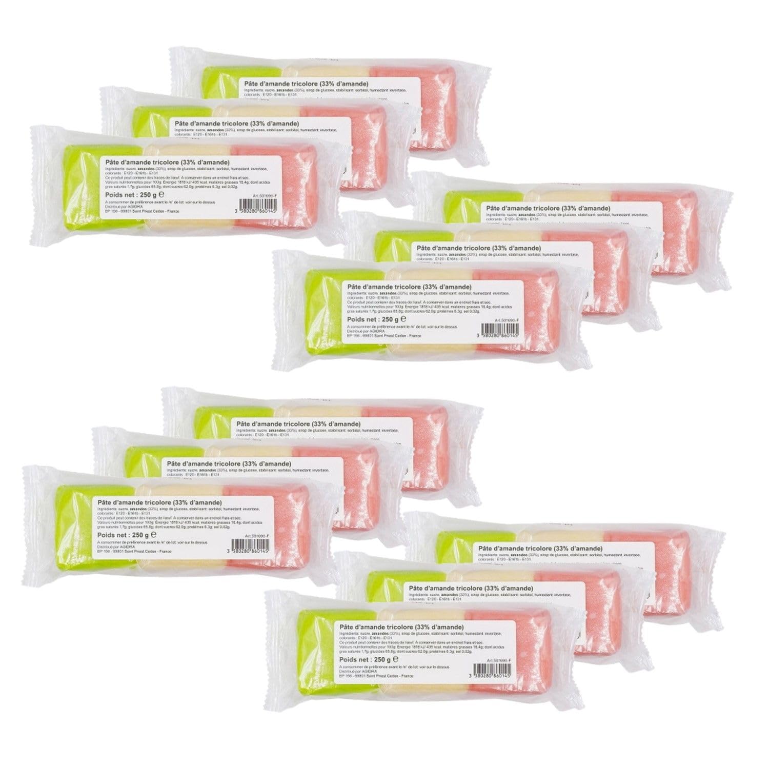 Lot 12x Pâte d'amande tricolore 33% - Paquet 250g