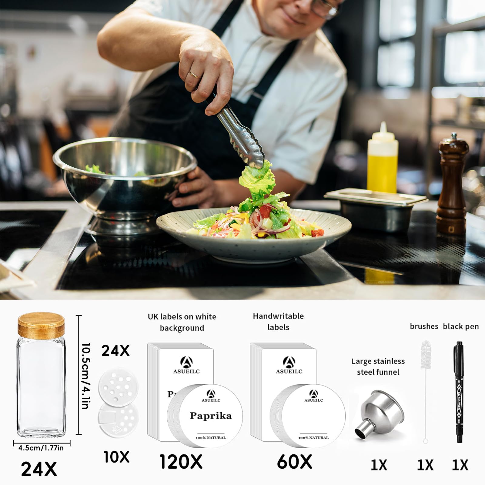 Juego de 24 tarros de especias con tapa de bambú, juego de almacenamiento de contenedores cuadrados de especias de 120 ml, viene con embudo grande, etiqueta adhesiva única impermeable para