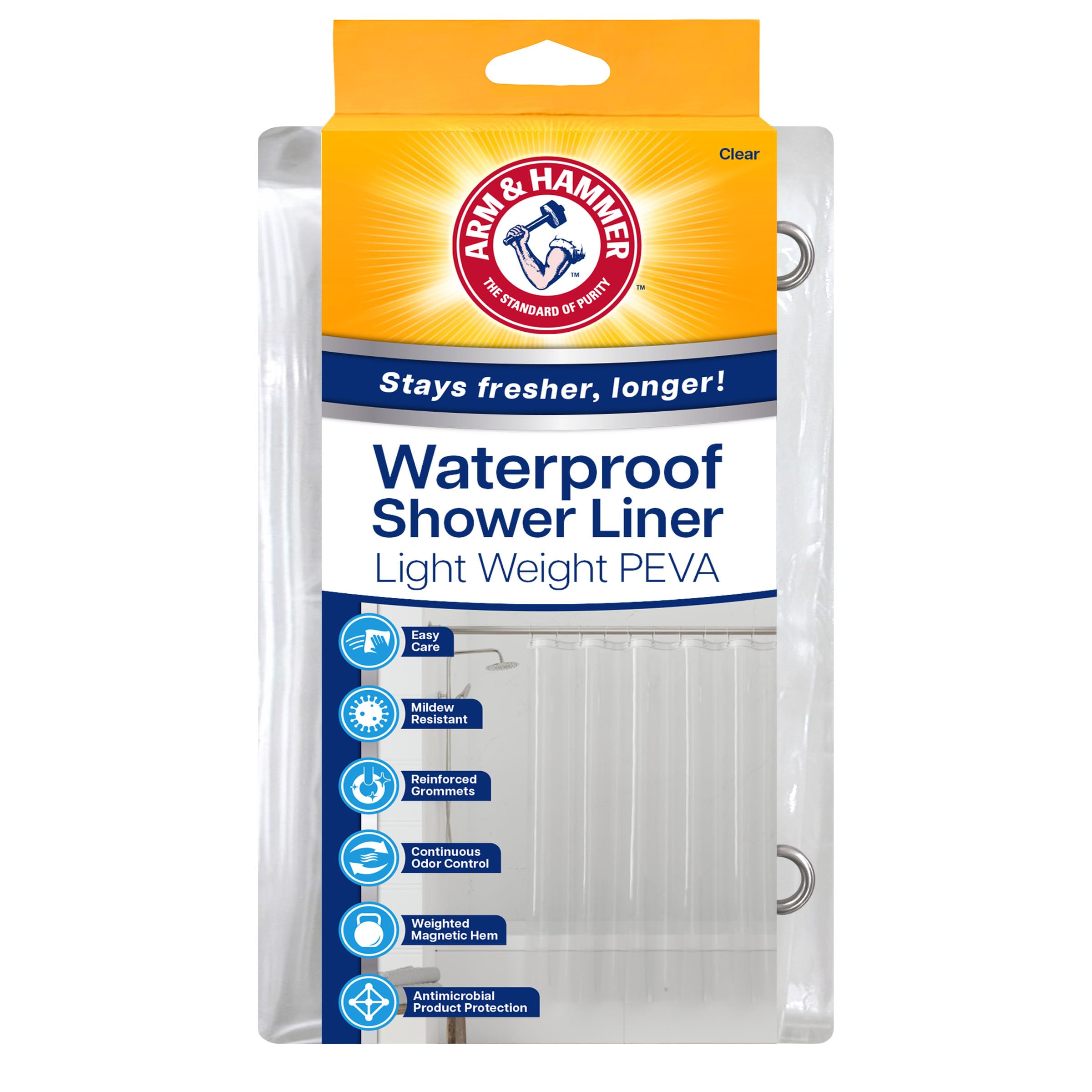 Levinsohn Arm & Hammer Waterproof Quick Drying Shower Liner, Lightweight Design, 70 x 72, Clear
